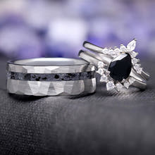 Lava Rock & Black Onyx Couples Ring, His and Hers Ring, Tungsten and Sterling Silver, Hammered Volcanic Ring, Promise Ring Set for Couples