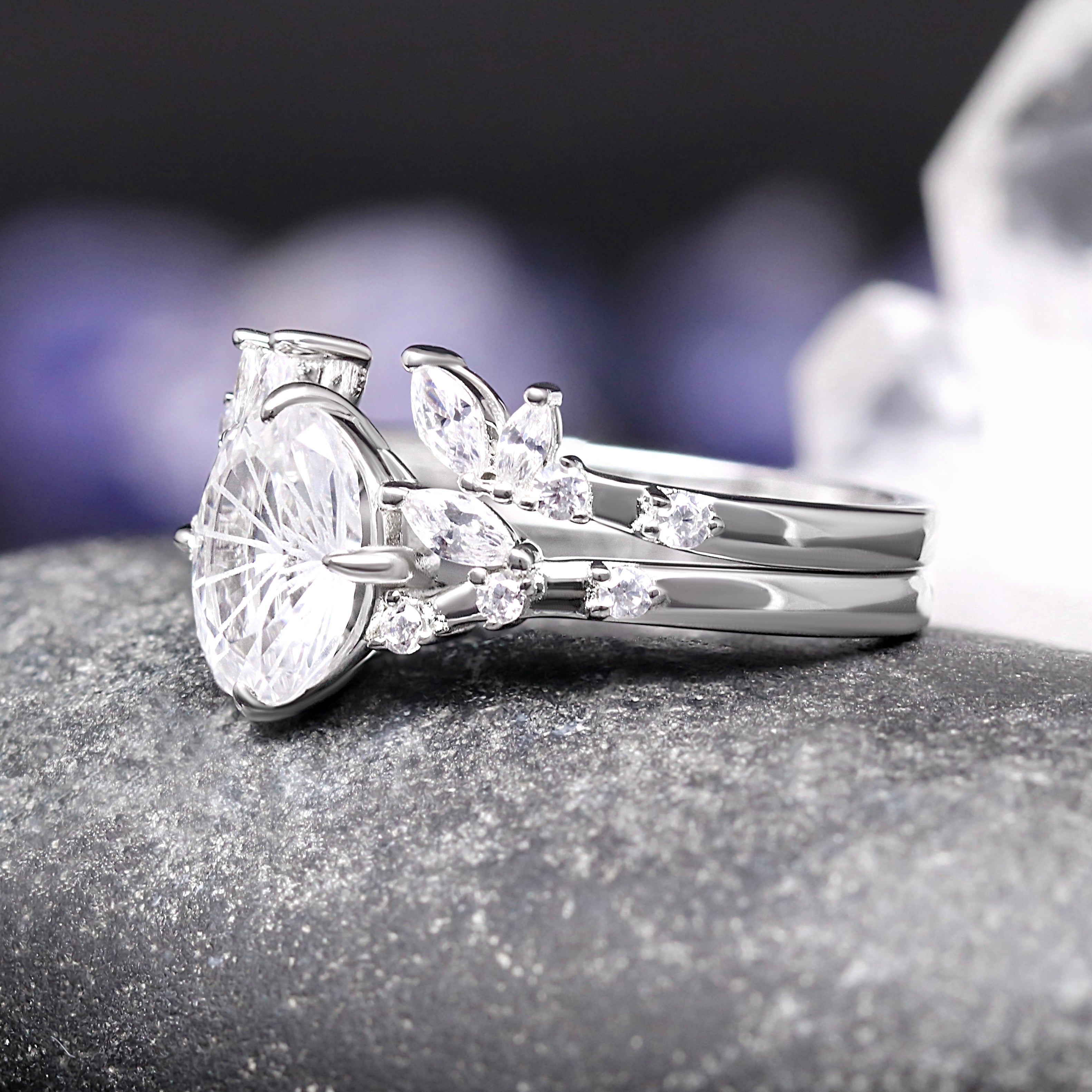 Everleaf Engagement Ring Set - Natural White Sapphire Womens Wedding Ring with Stacking Band