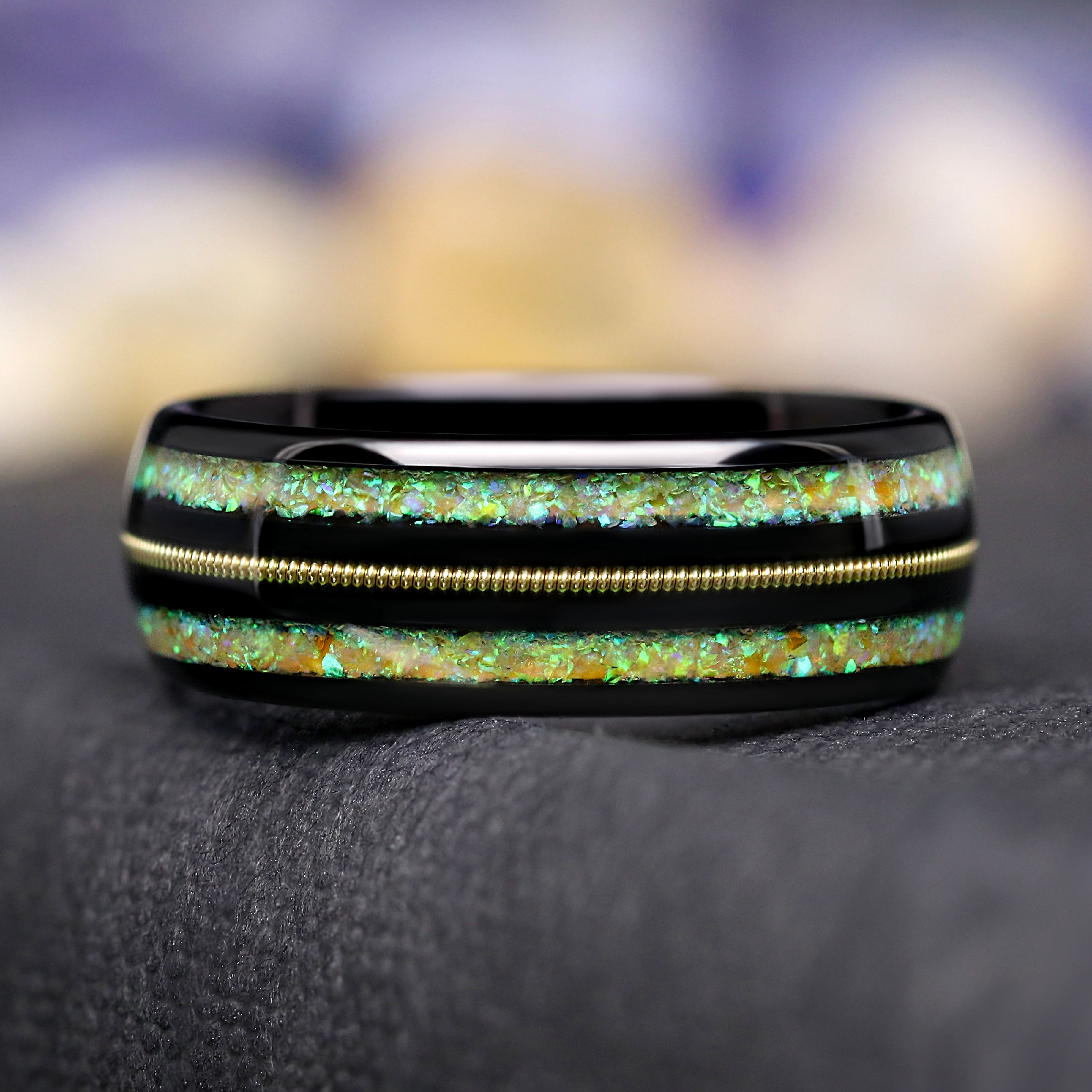 Gold Guitar String Ring Men, Black Tungsten Wedding Band, Black and Yellow Opal Engagement Ring for Him, 8mm Dome Polished Band