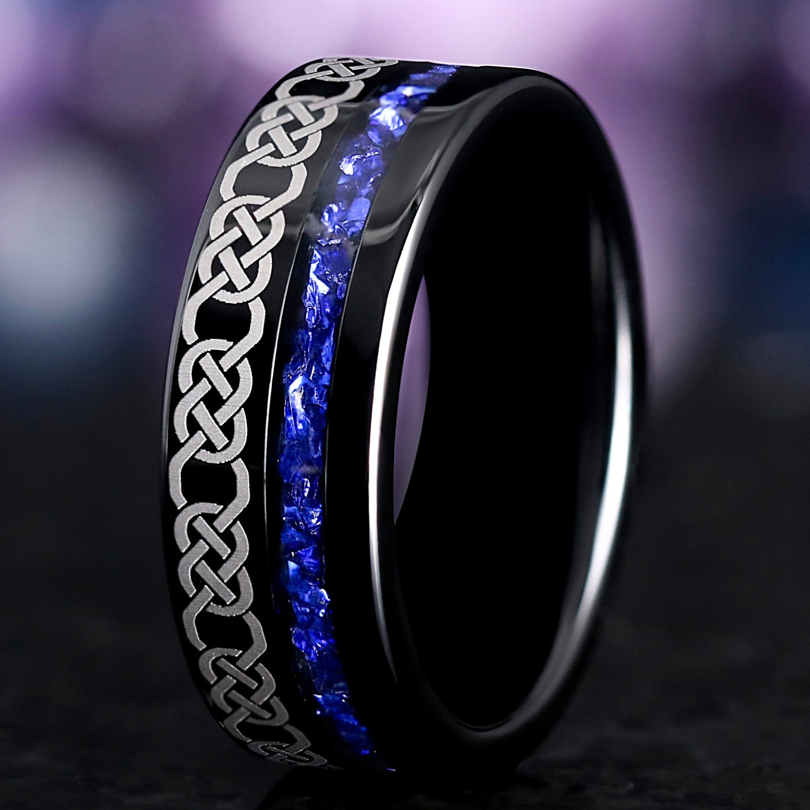 Celtic Mens Wedding Band – Black & Blue Sapphire Celtic Knot Ring, Tungsten Carbide, 8mm Polished Flat, Unique Promise Ring for Him
