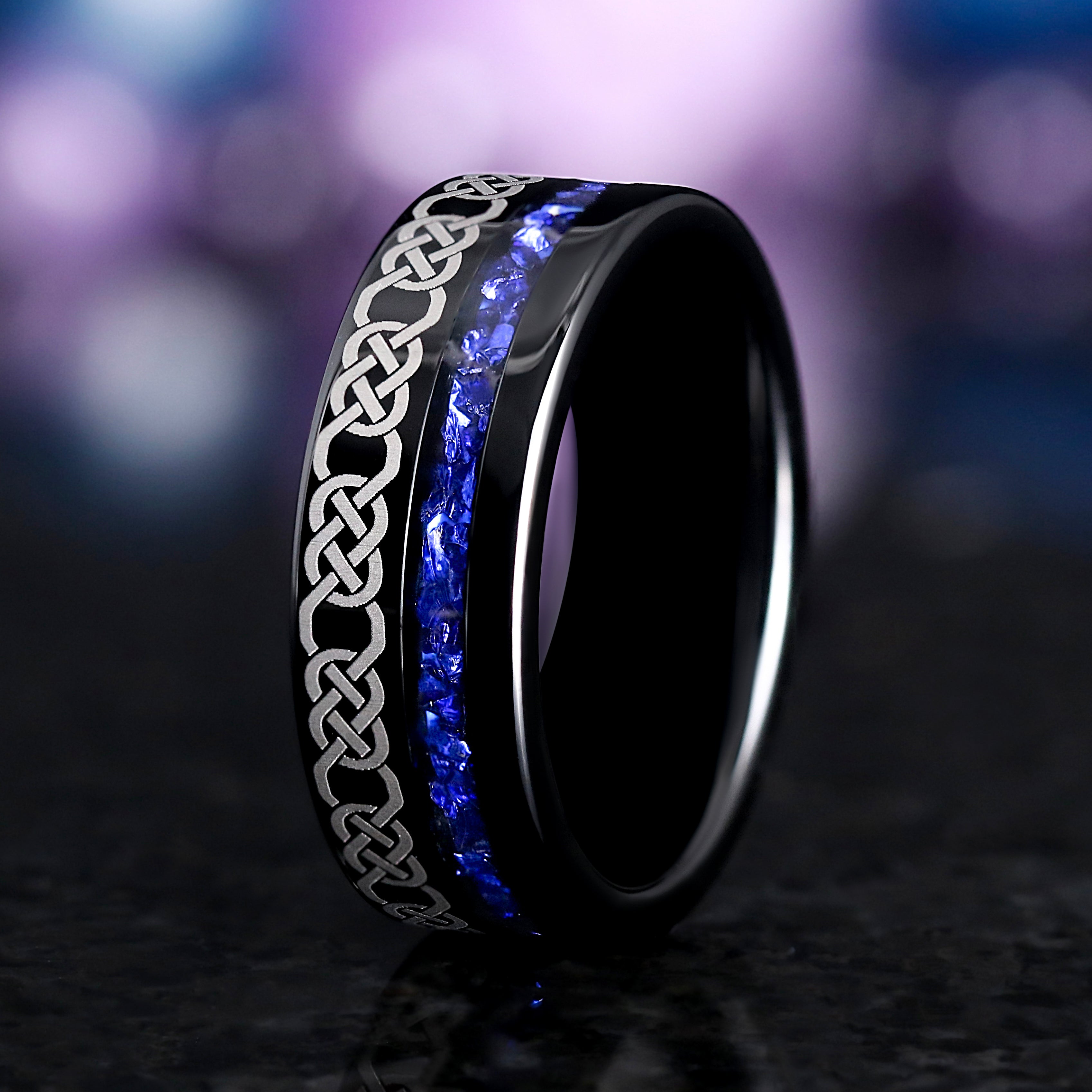 Celtic Mens Wedding Band – Black & Blue Sapphire Celtic Knot Ring, Tungsten Carbide, 8mm Polished Flat, Unique Promise Ring for Him