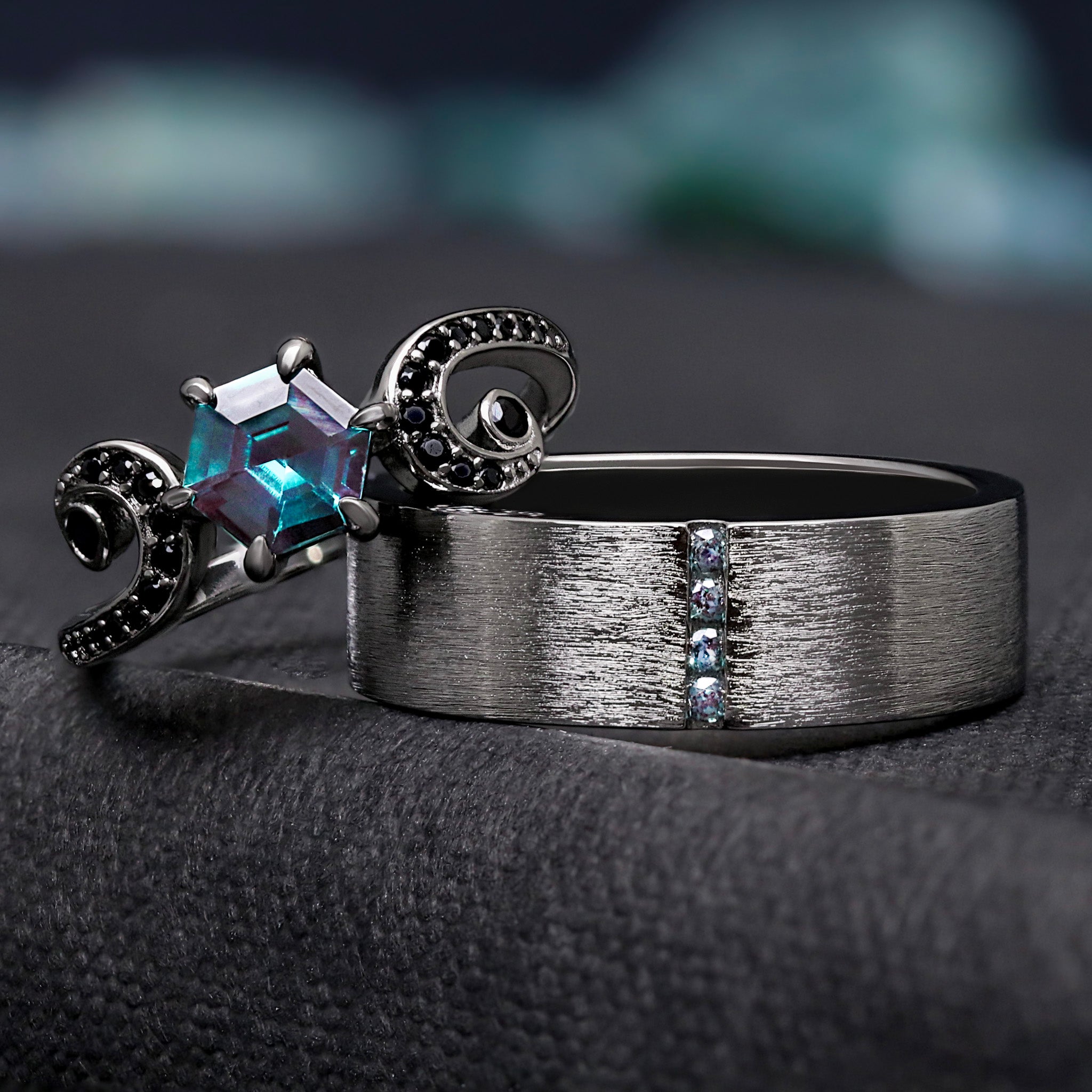 Whimstone | Alexandrite Engagement Ring Set for Couples | Black Ring