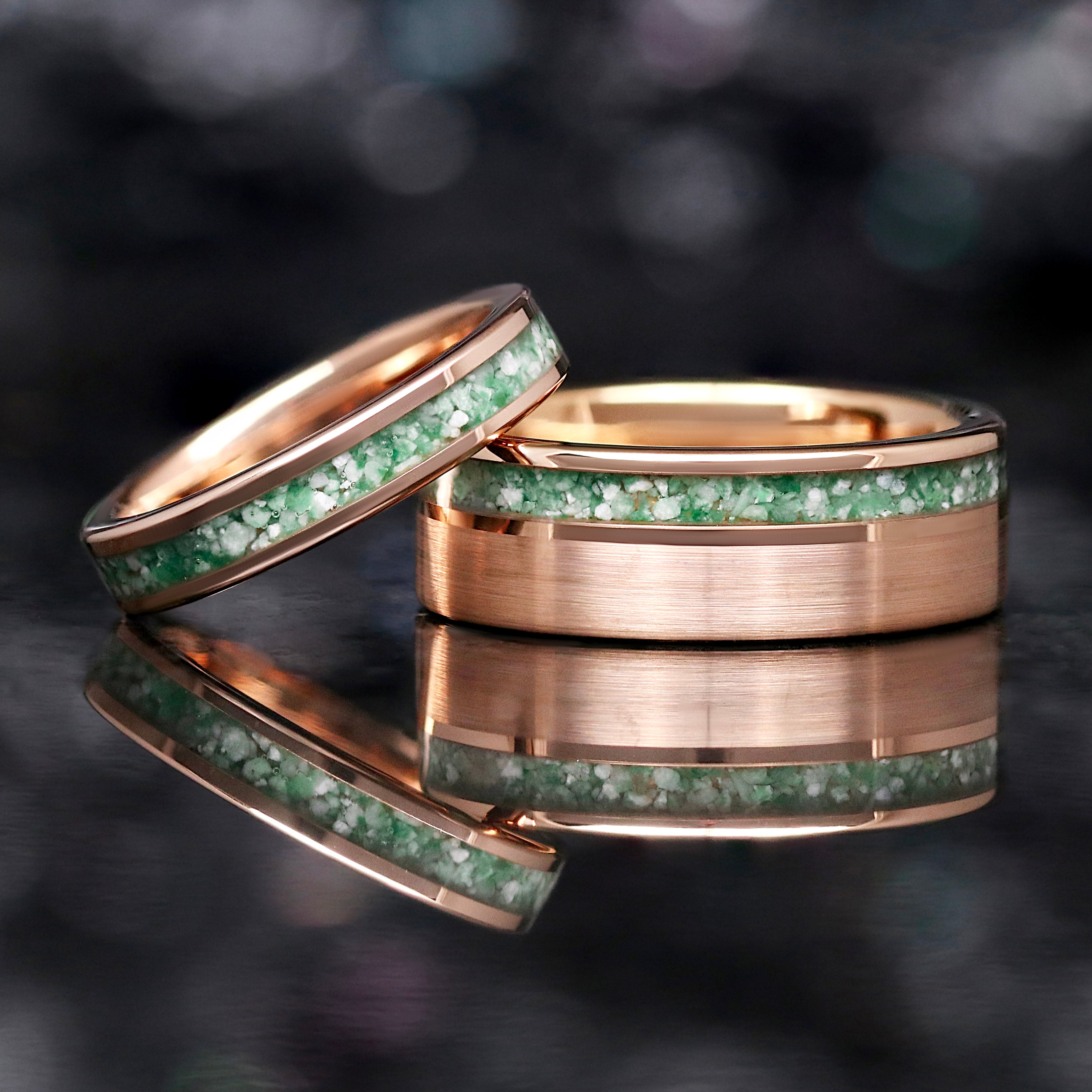 Moss Agate Couples Ring Set | Rose Gold Matching Wedding Bands