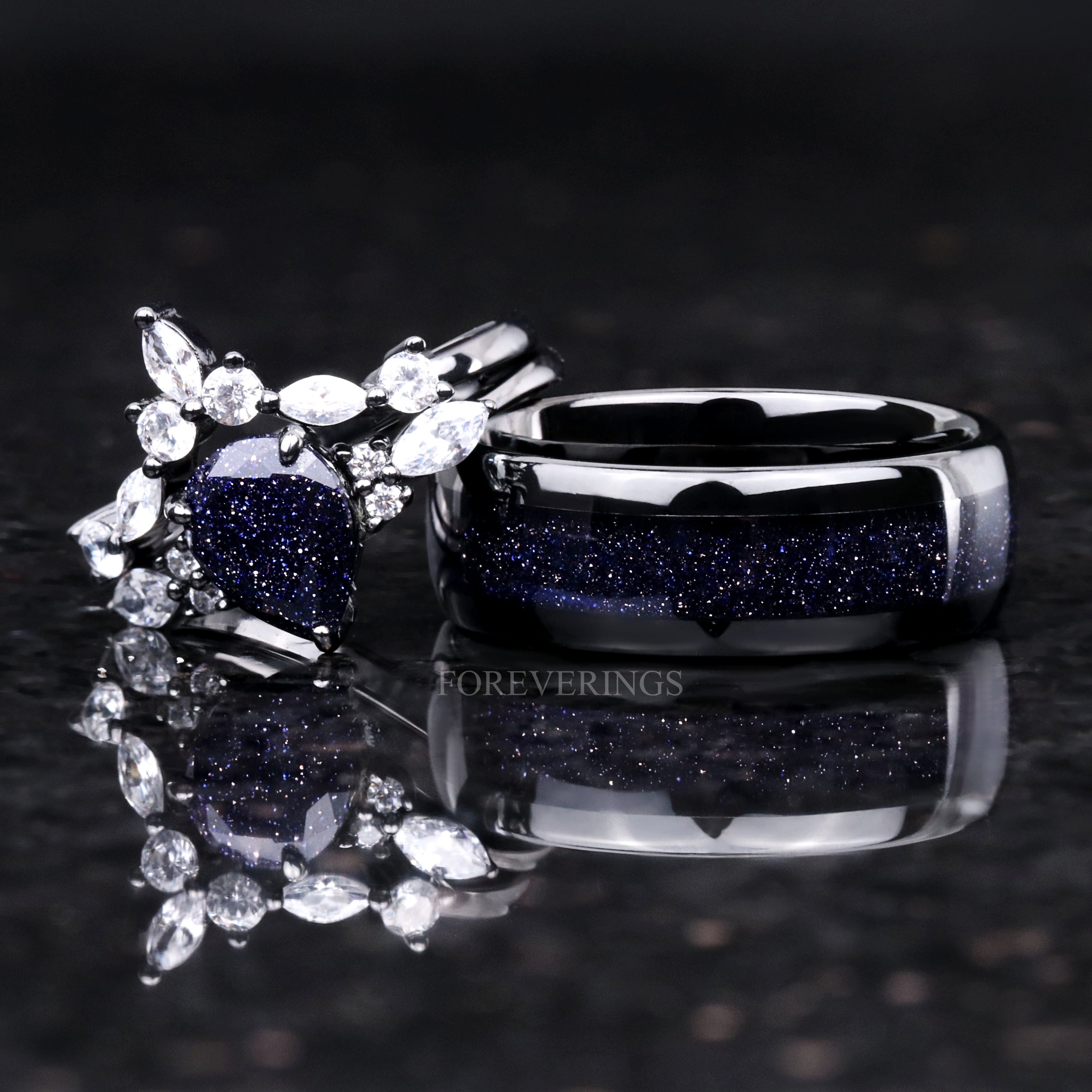 Great Rift Nebula Ring, Black Rhodium Engagement Ring Set, Black Ring, 925 Sterling Silver, Outer Space Wedding Band, Blue Sandstone Ring