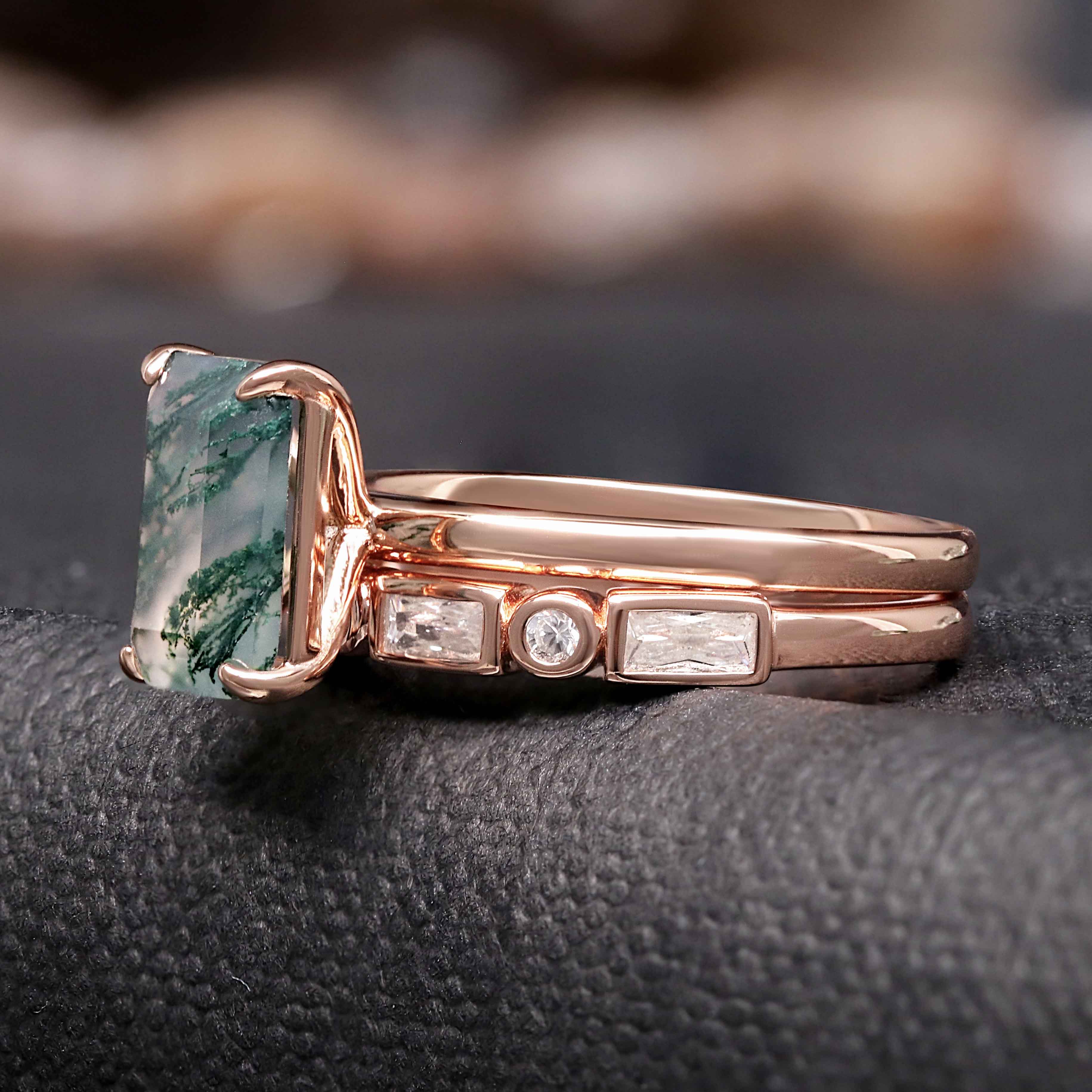 Vella Moss Agate Couples Ring Set - Rose Gold His & Hers Landscape Bands