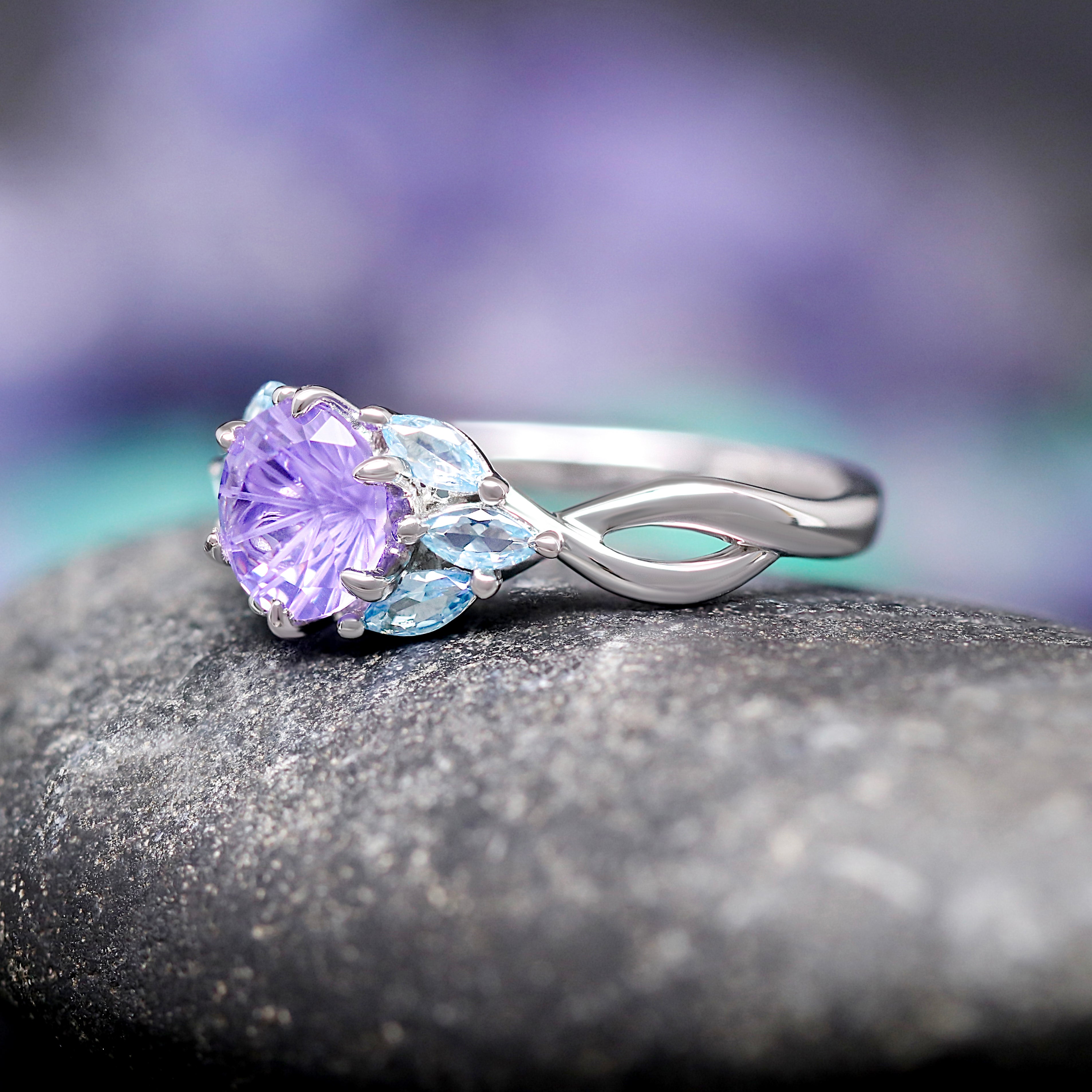Nesta Amethyst Ring, Unique Engagement Ring, Womens Wedding Ring, Floral Nature, Enchanted Fairy Ring, Nontraditional Aquamarine Leaf Ring
