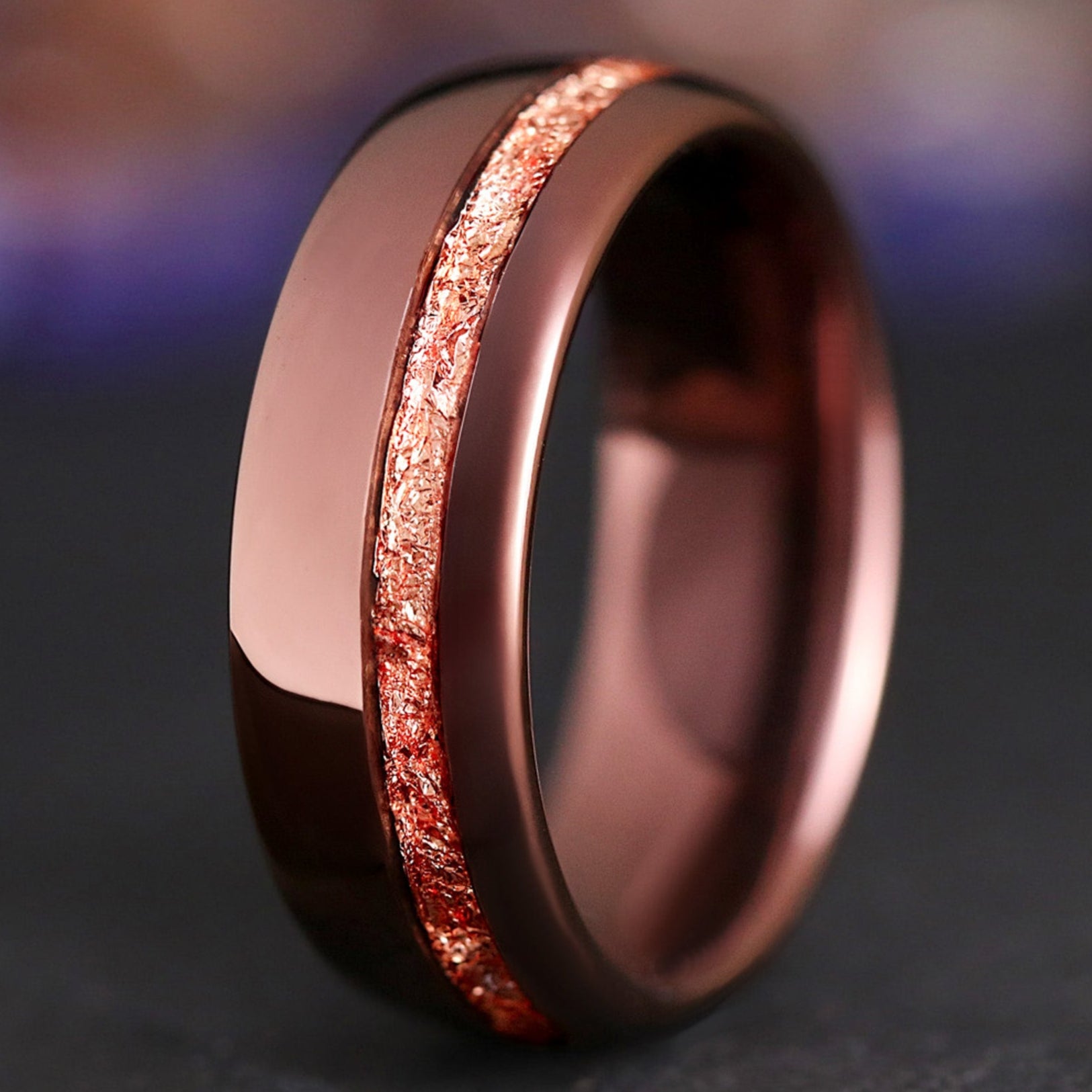 Espresso Tungsten Wedding Band for Men, Real Rose Gold Foil Ring, Offset Inlay, Coffee Gift for Men, Unique Promise Ring, 8mm Comfort Fit