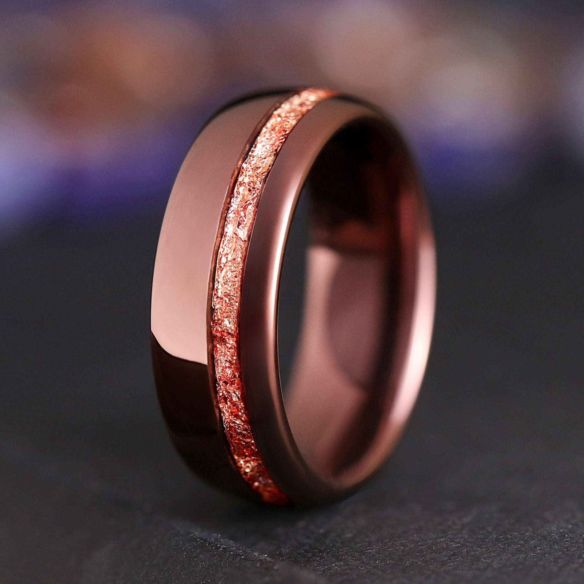 Espresso Tungsten Wedding Band for Men, Real Rose Gold Foil Ring, Offset Inlay, Coffee Gift for Men, Unique Promise Ring, 8mm Comfort Fit