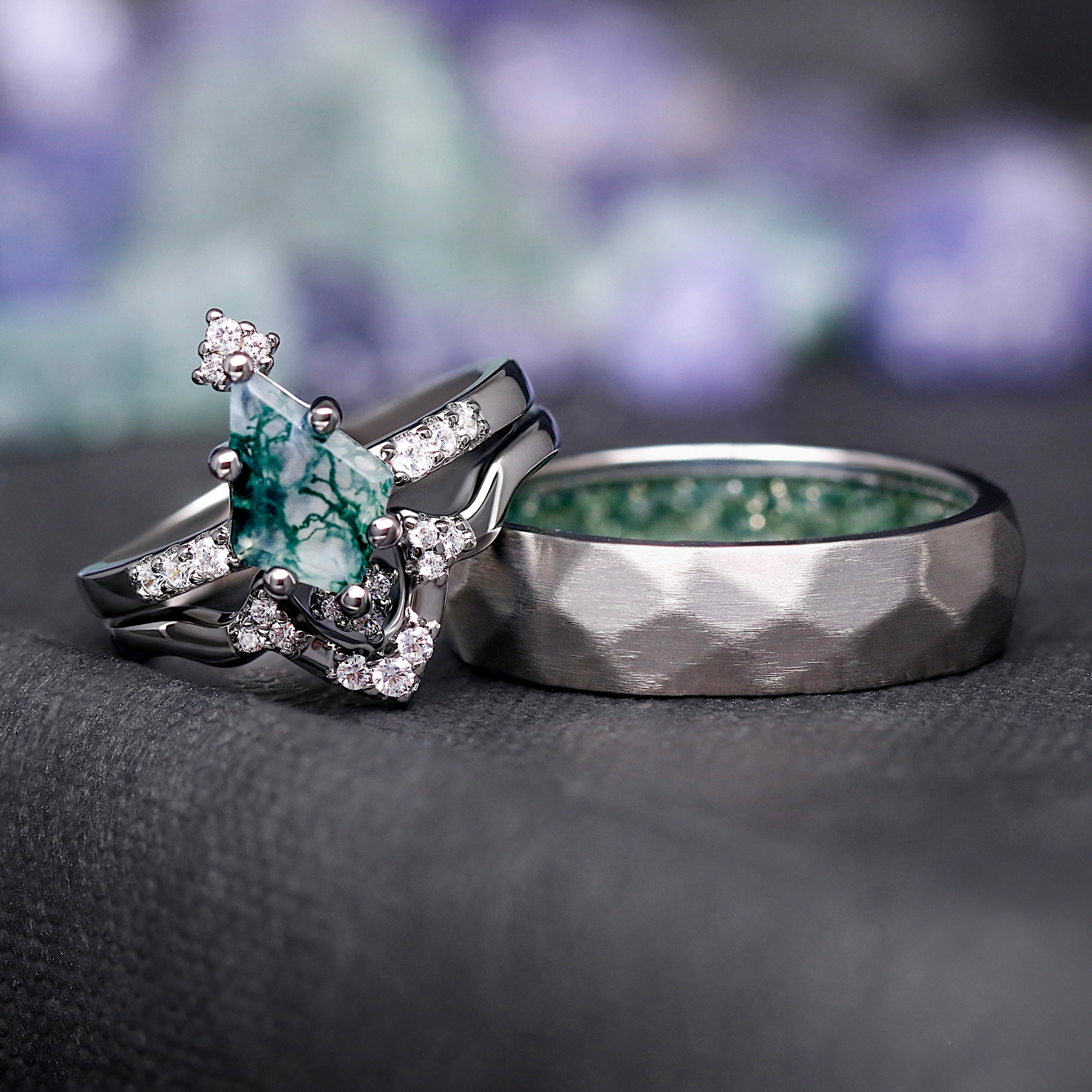 Couples wedding band set with moss agate gemstone
