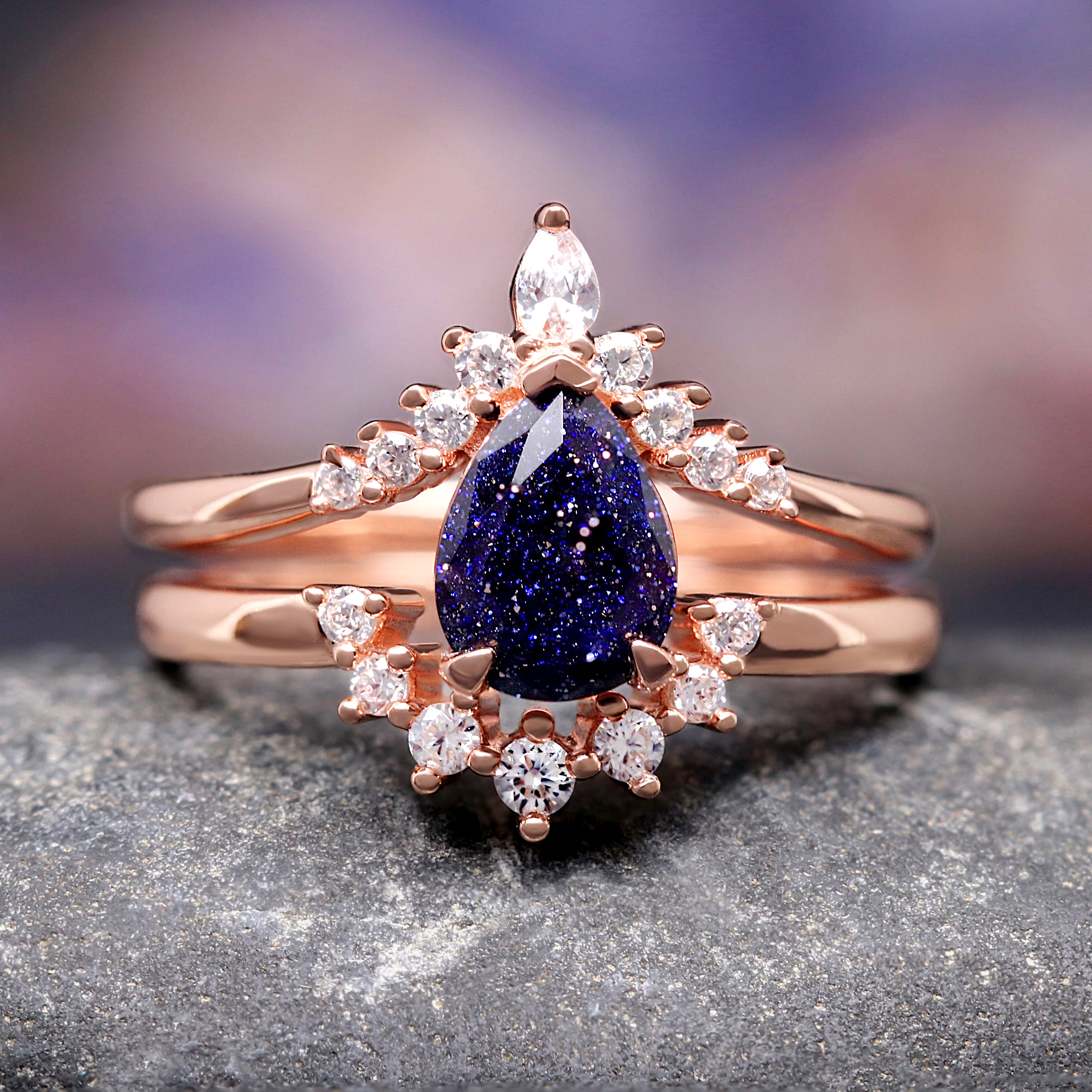 Starry Night Engagement Ring Set, Blue Sandstone Galaxy Ring, Rift Nebula Ring, Sterling Silver Rose Gold Wedding Band, Unique Women’s Ring