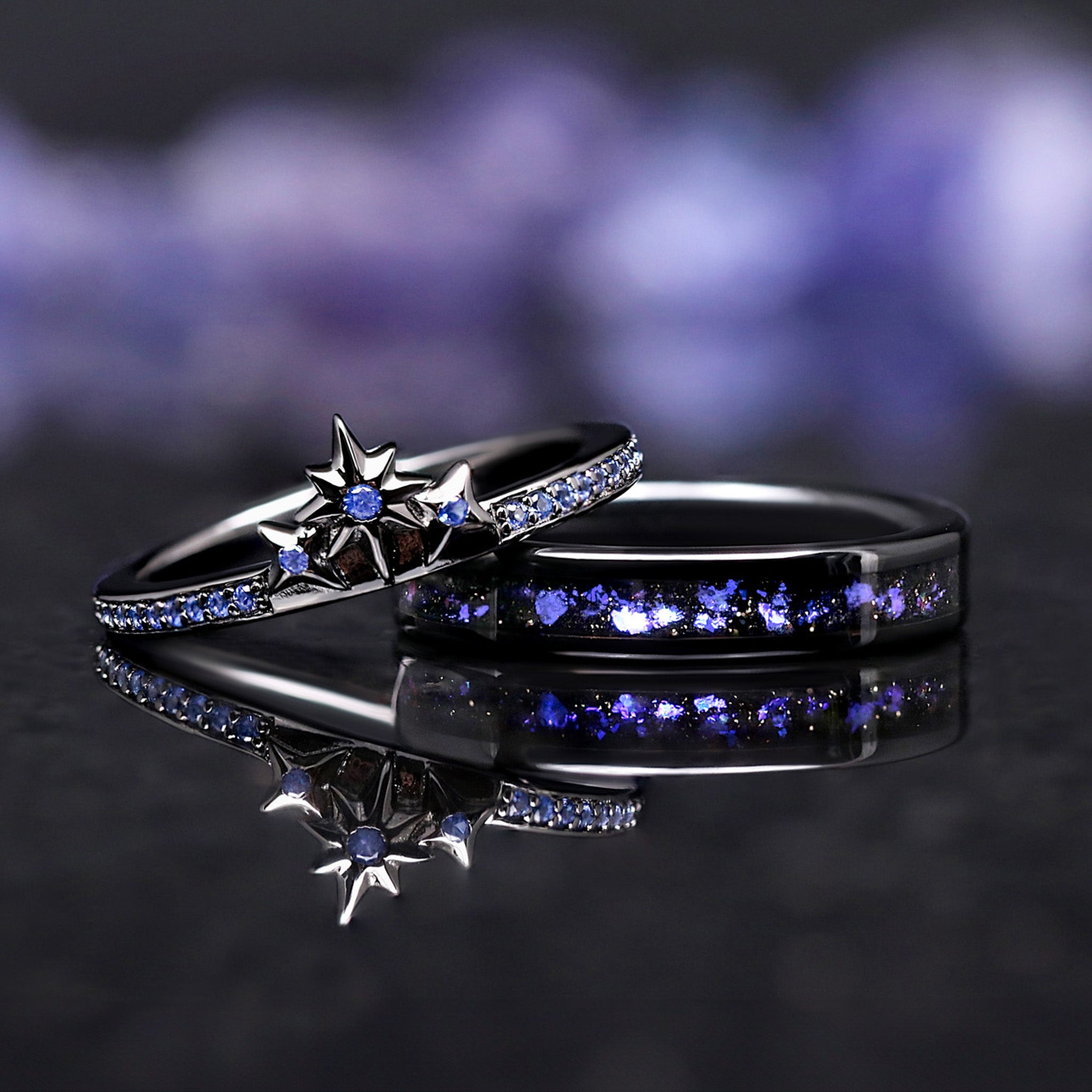 Orion Star Engagement Ring Set, Women’s Wedding Band Set, Cosmic Nebula Stacking Rings, Space Ring Set for Her, Ceramic & Sterling Silver
