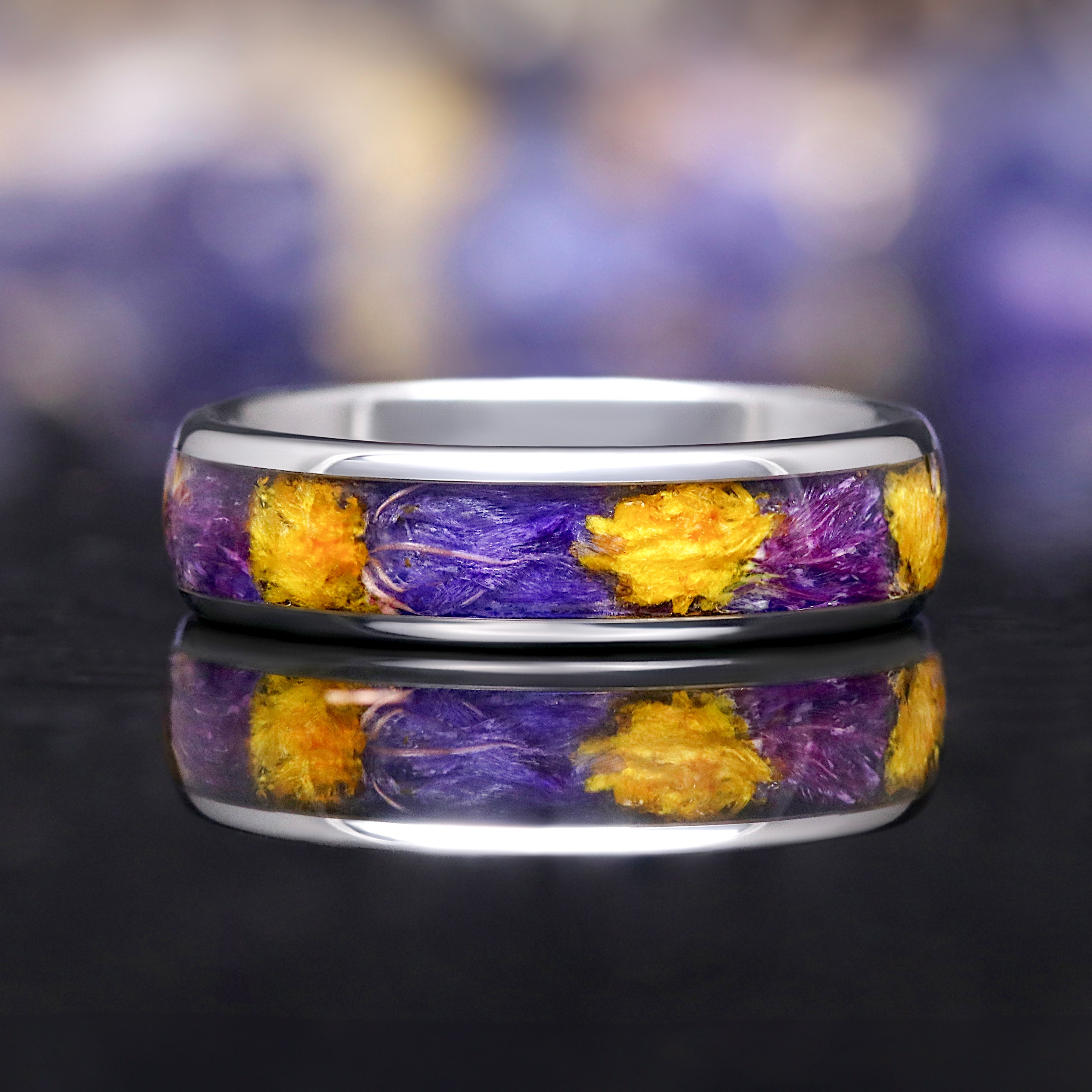 Forget-Me-Not Flower Ring, Silver Tungsten Wedding Band, 4mm 6mm Band, Comfort Fit, Polished Dome, Unique Men’s Women’s Ring, Crushed Flower