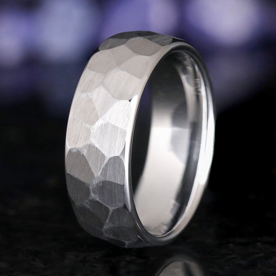 Durable hammered tungsten ring for men
