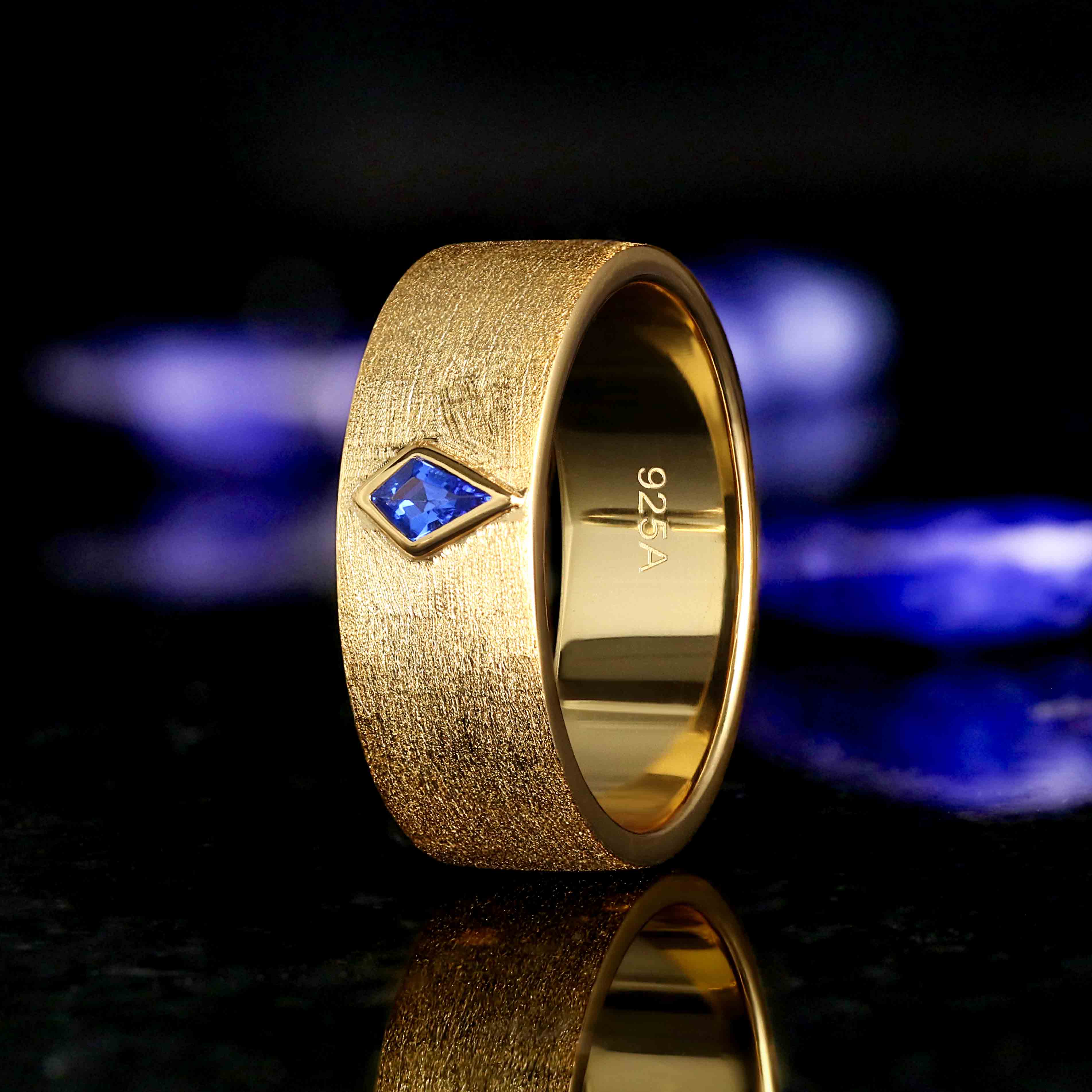 Kite Cut Sapphire Mens Ring, Gold Wedding Band for Him