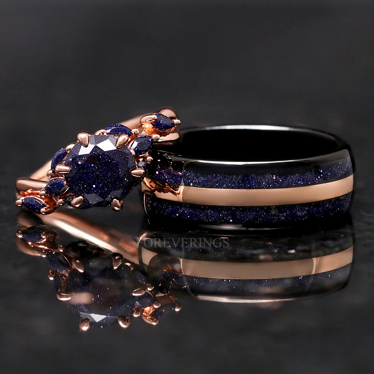 Matching blue sandstone rings: rose gold oval ring and 8mm black tungsten band with a rose gold stripe