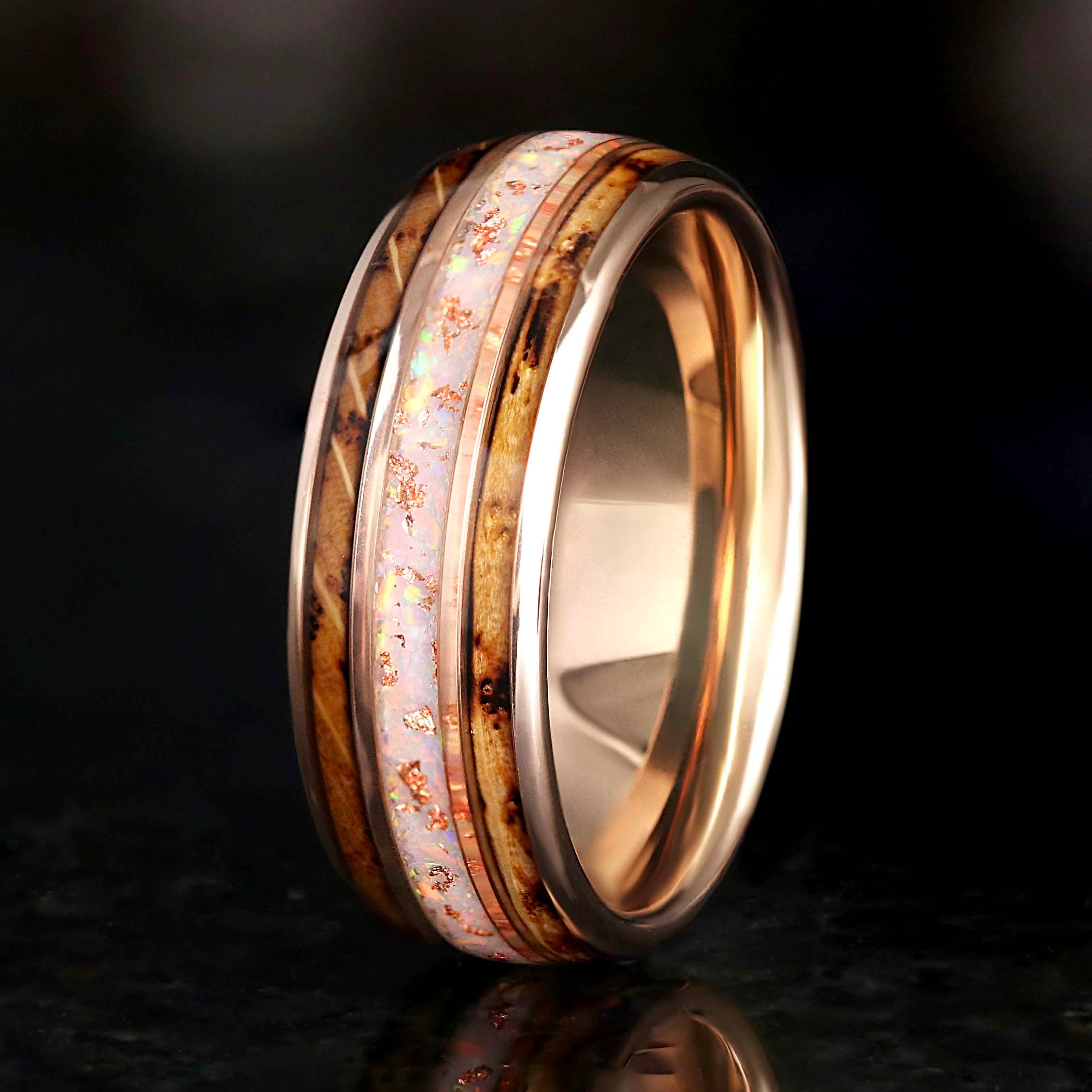 Men’s Opal Wedding Band with Whiskey Barrel, Rose Gold Foil, 8mm Tungsten