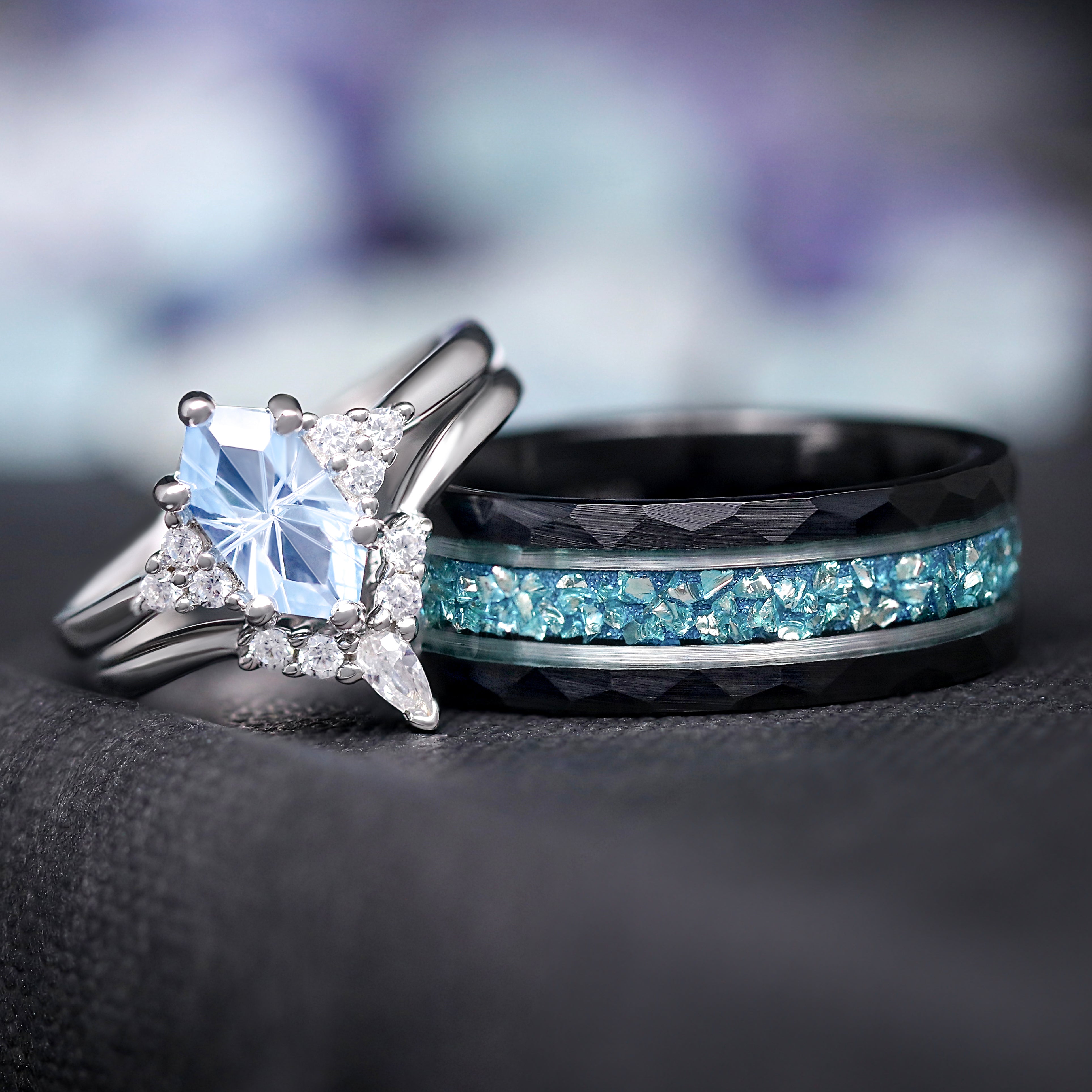 Spire Aquamarine Engagement Ring Set, His and Her Wedding Band Set, Matching Ring Set, Unique Blue Promise Ring for Couple, Anniversary Gift