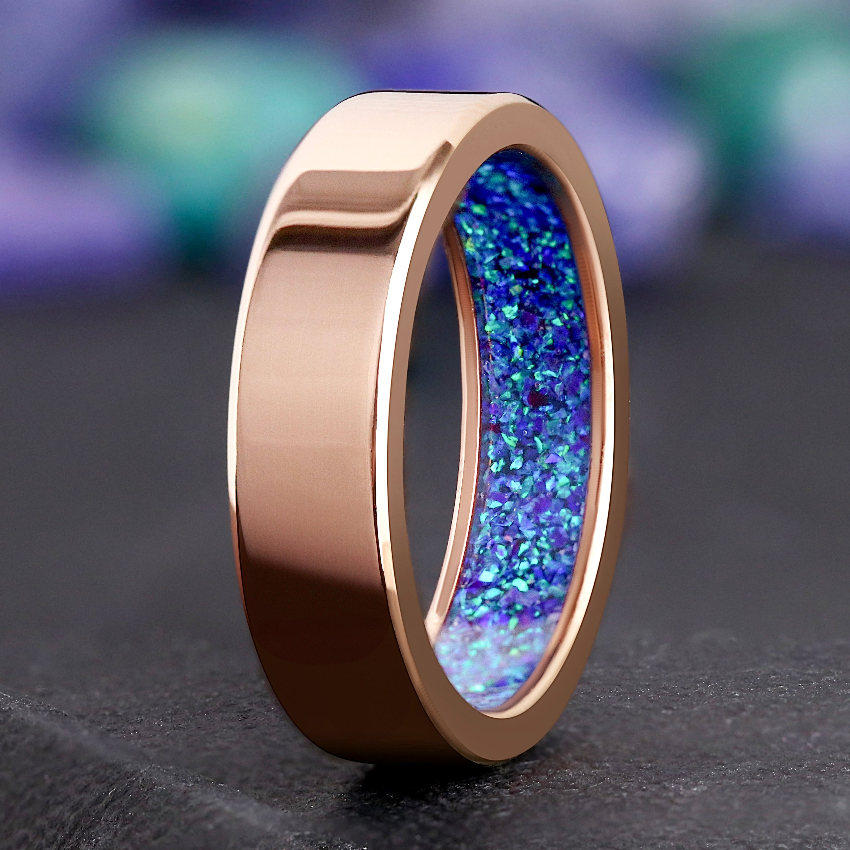 Borealis Blue Opal Ring, Men's Rose Gold Wedding Band, 6mm Flat Promise Ring, Unique Inside Inlay, Polished Finish, Anniversary Gift for Him