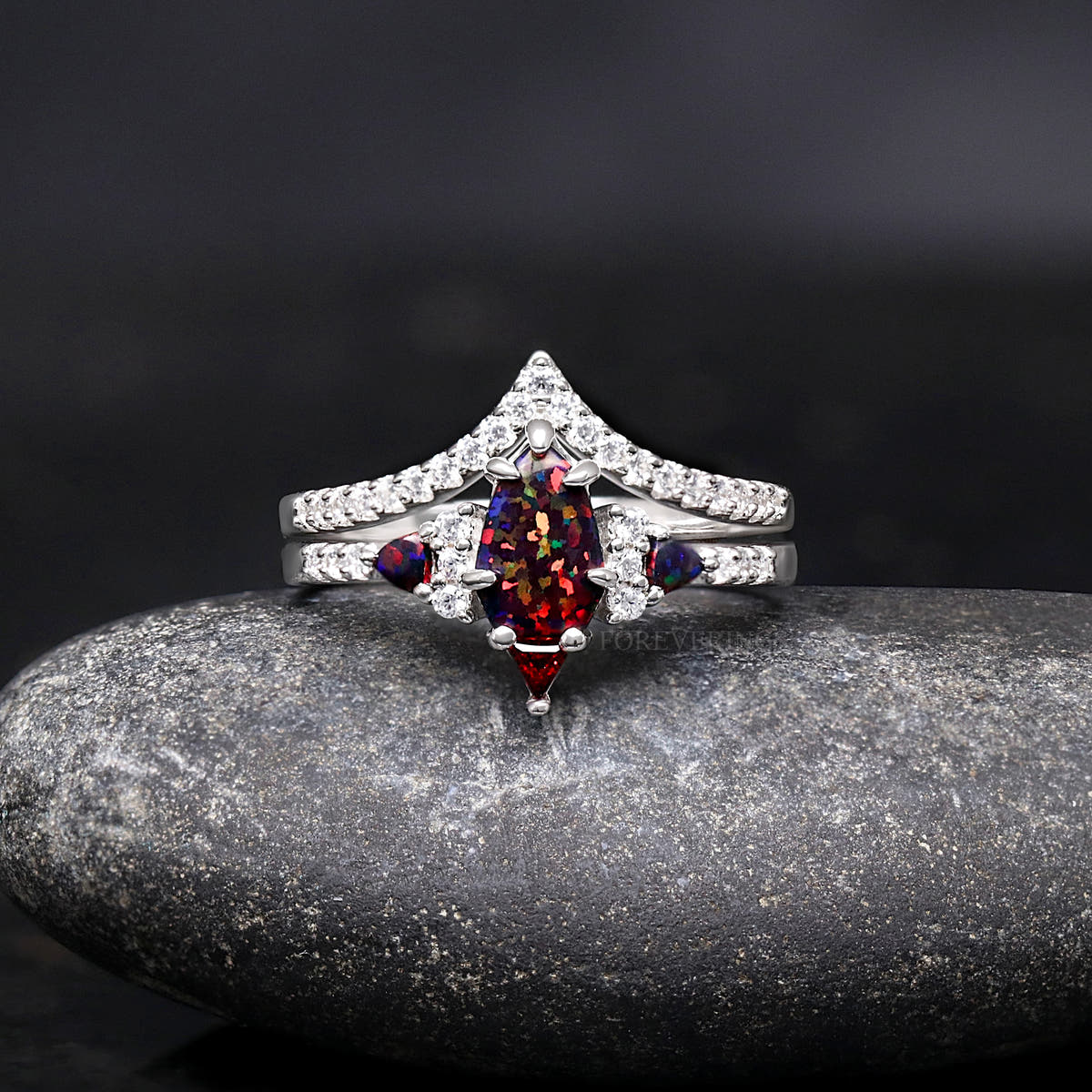 Black fire opal wedding ring set