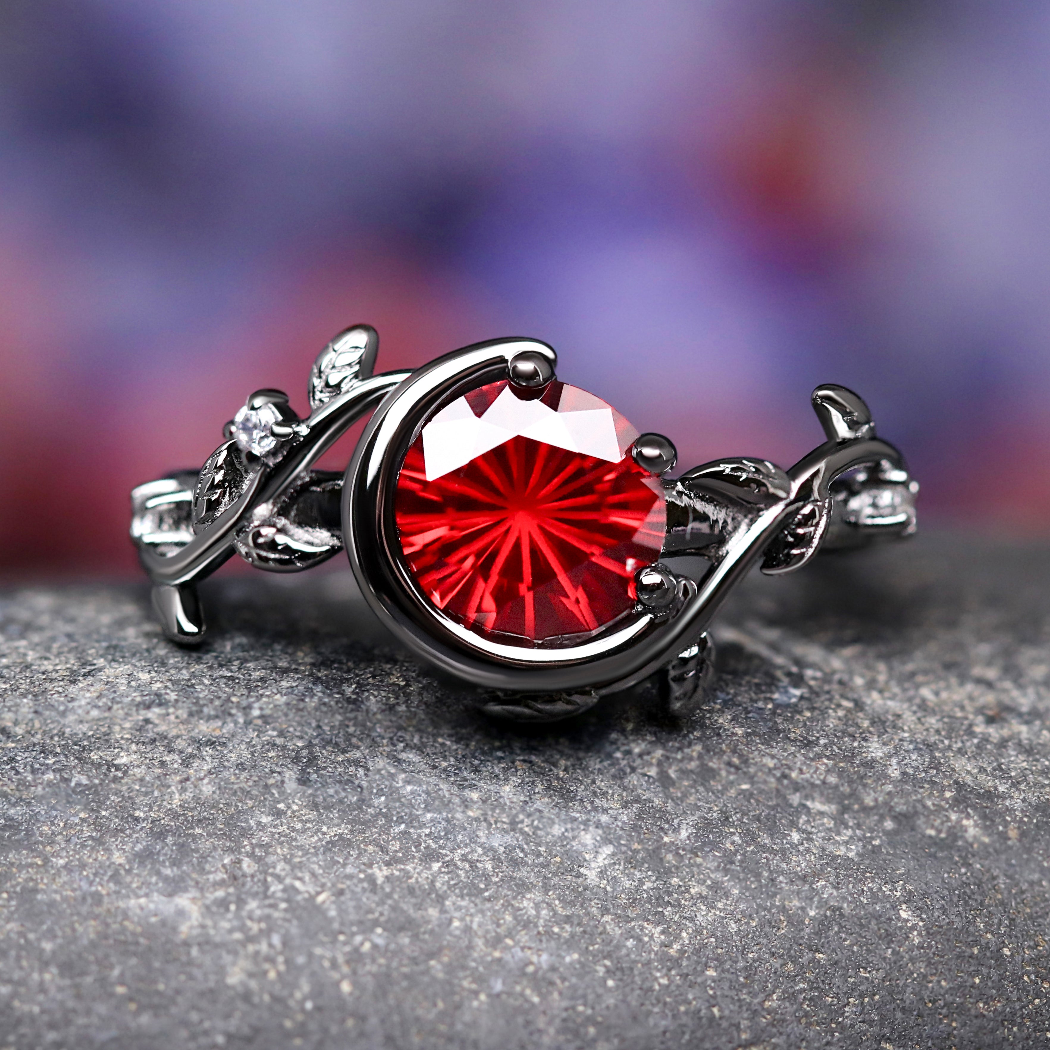 Nightleaf Crescent Moon Couples Ring Set, His and Her Wedding Ring, Leaf Engagement Ring Set, Matching Promise Rings, Black & Red Rhodolite