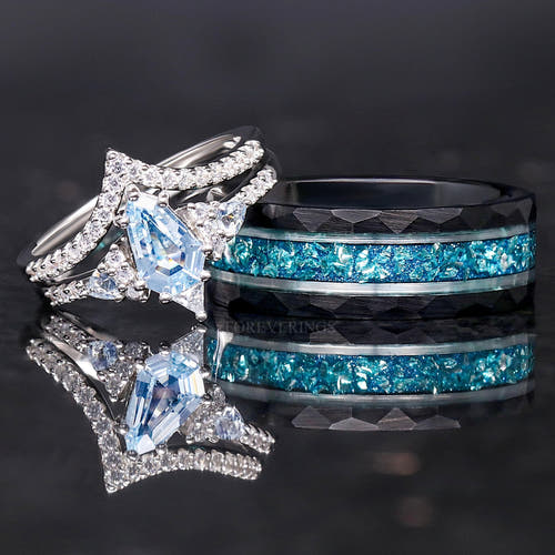 Matching black tungsten and sterling silver couples ring set with aquamarine, 8mm and 1.7mm