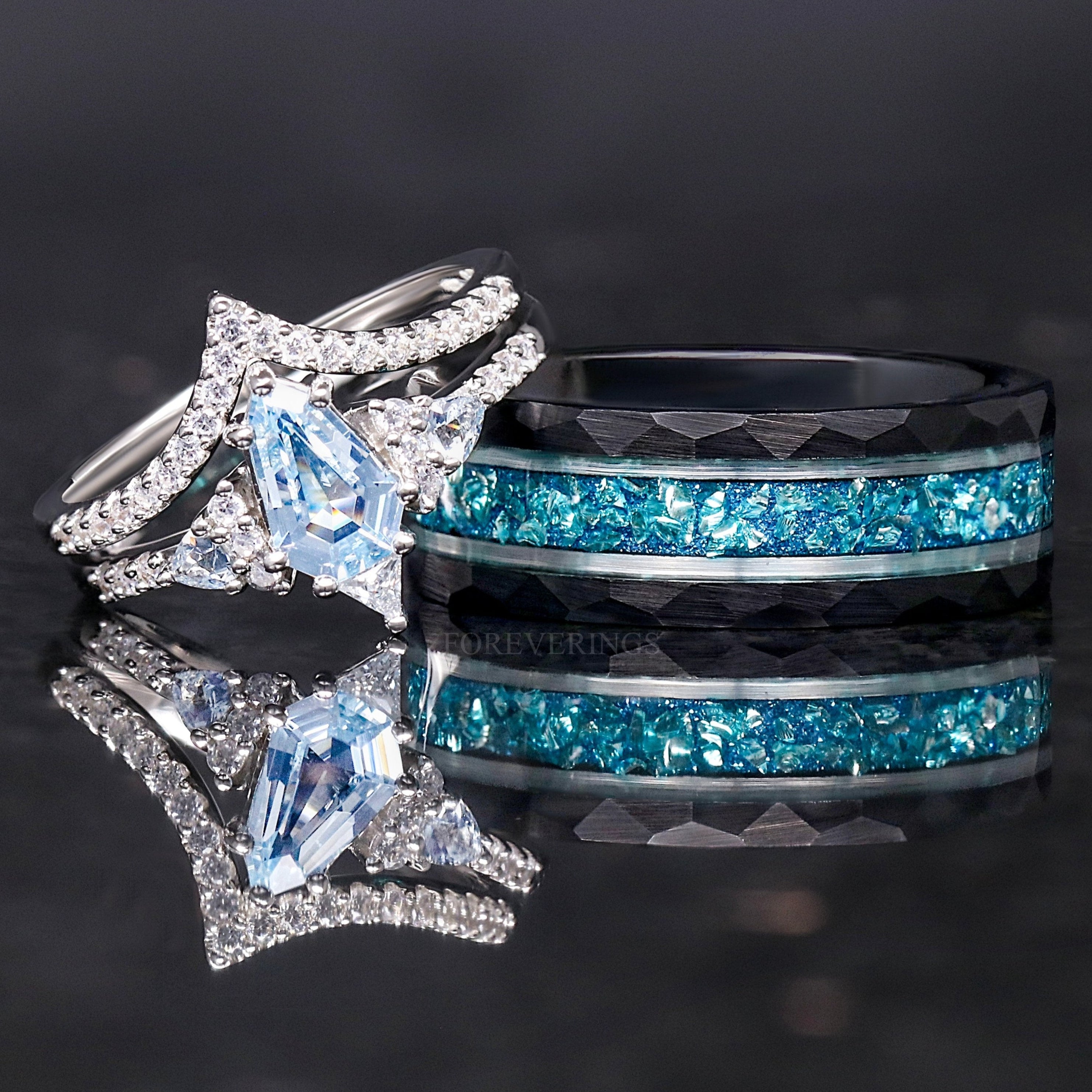 Aquamarine Couple Ring Set, His and Her Wedding Ring Set, Matching Engagement Ring Set, Unique Blue Promise Ring Couples, Personalized Gift, Lumiere