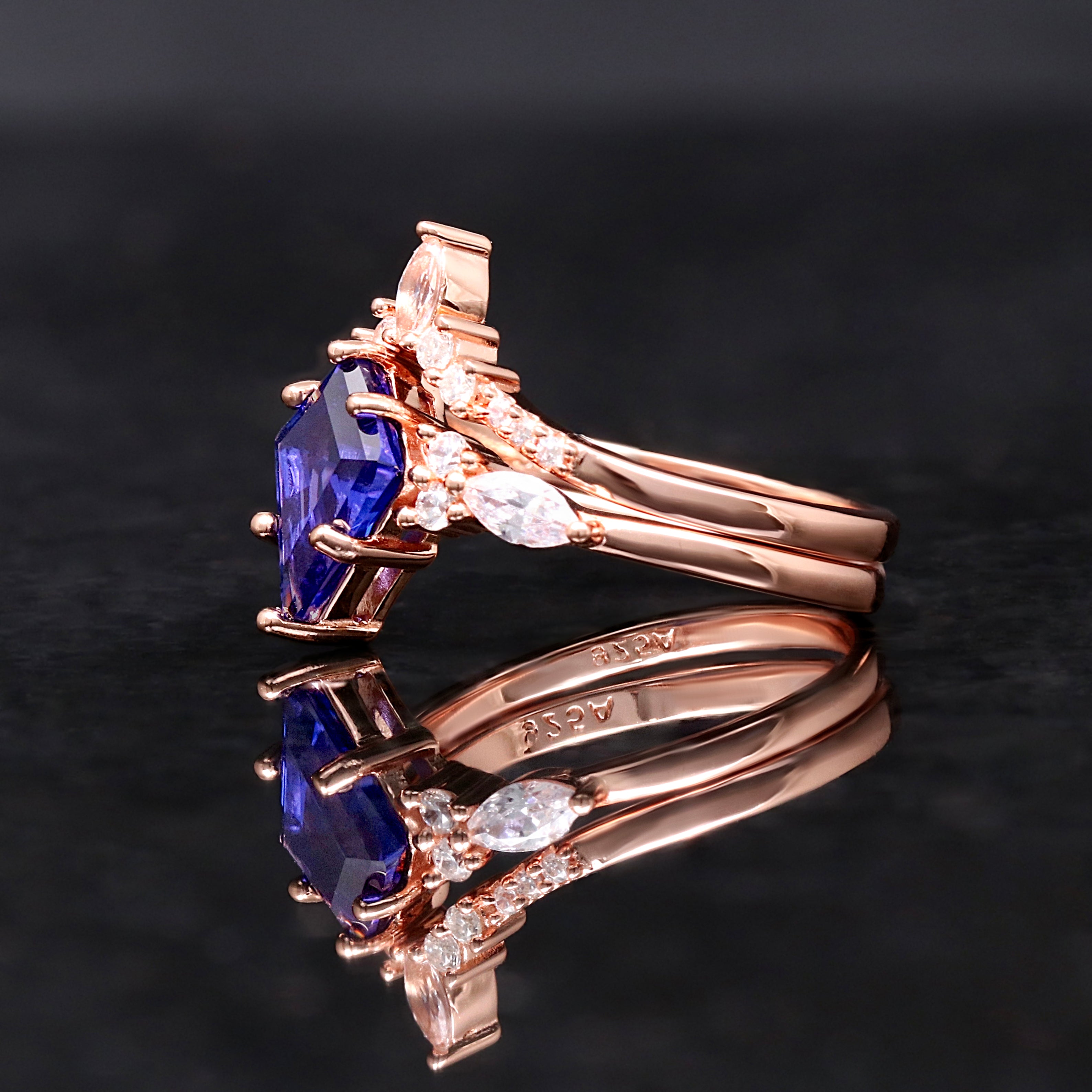 Orion Nebula Ring Rose Gold, Kite Cut Engagement Ring Set, 925 Sterling Silver Ring Set, Space Wedding Ring, Gift for Her, Ring Engraving