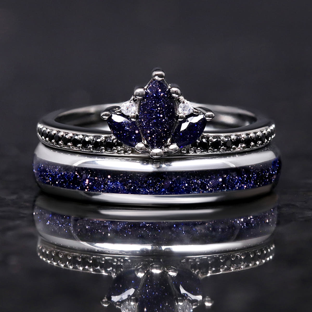 Lotus Starry Night women’s tungsten wedding ring set