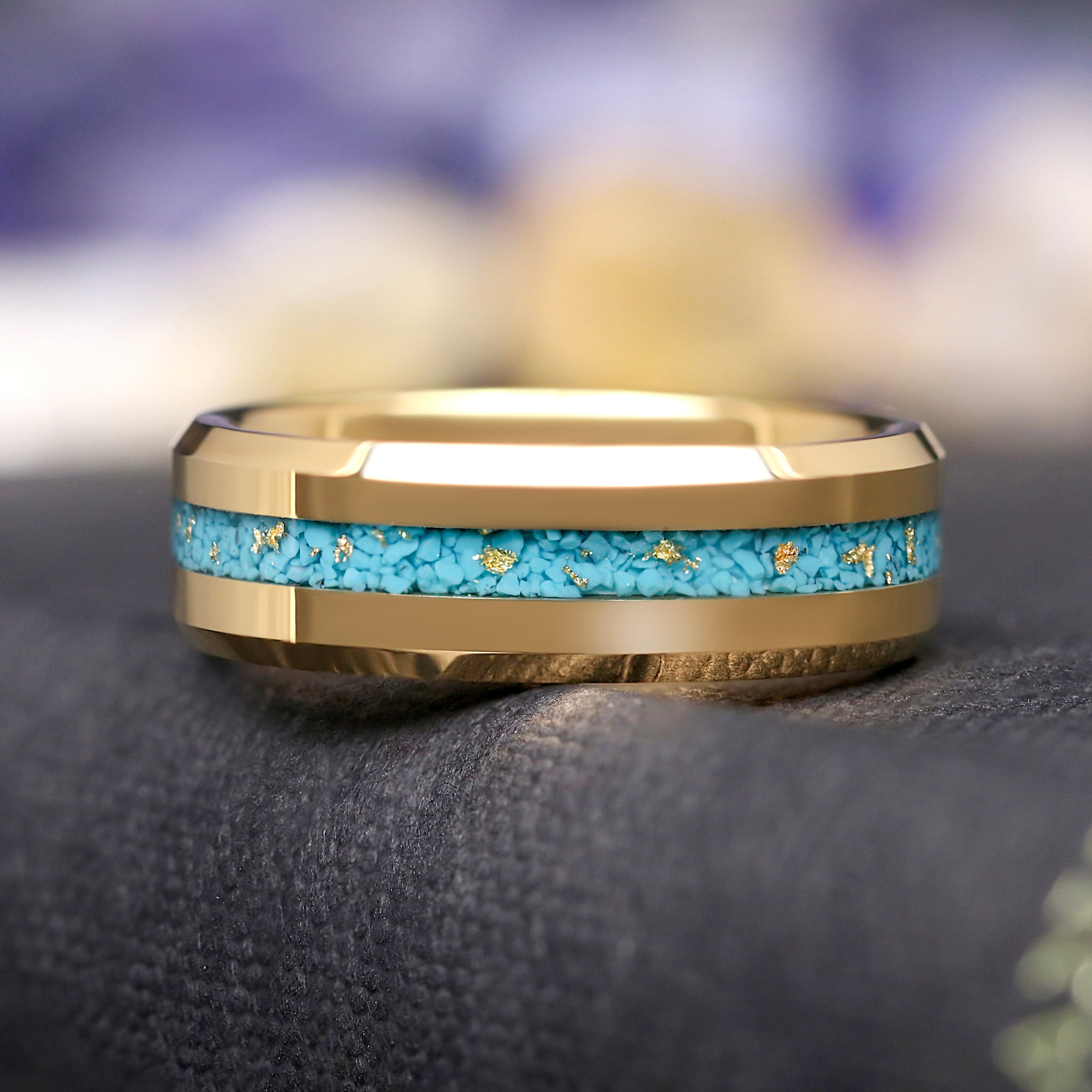 Turquoise & Gold Leaf Tungsten Wedding Band – 8mm Beveled Edge Ring, Unique Men's Engagement, Promise, or Wedding Band, Ring Engraving