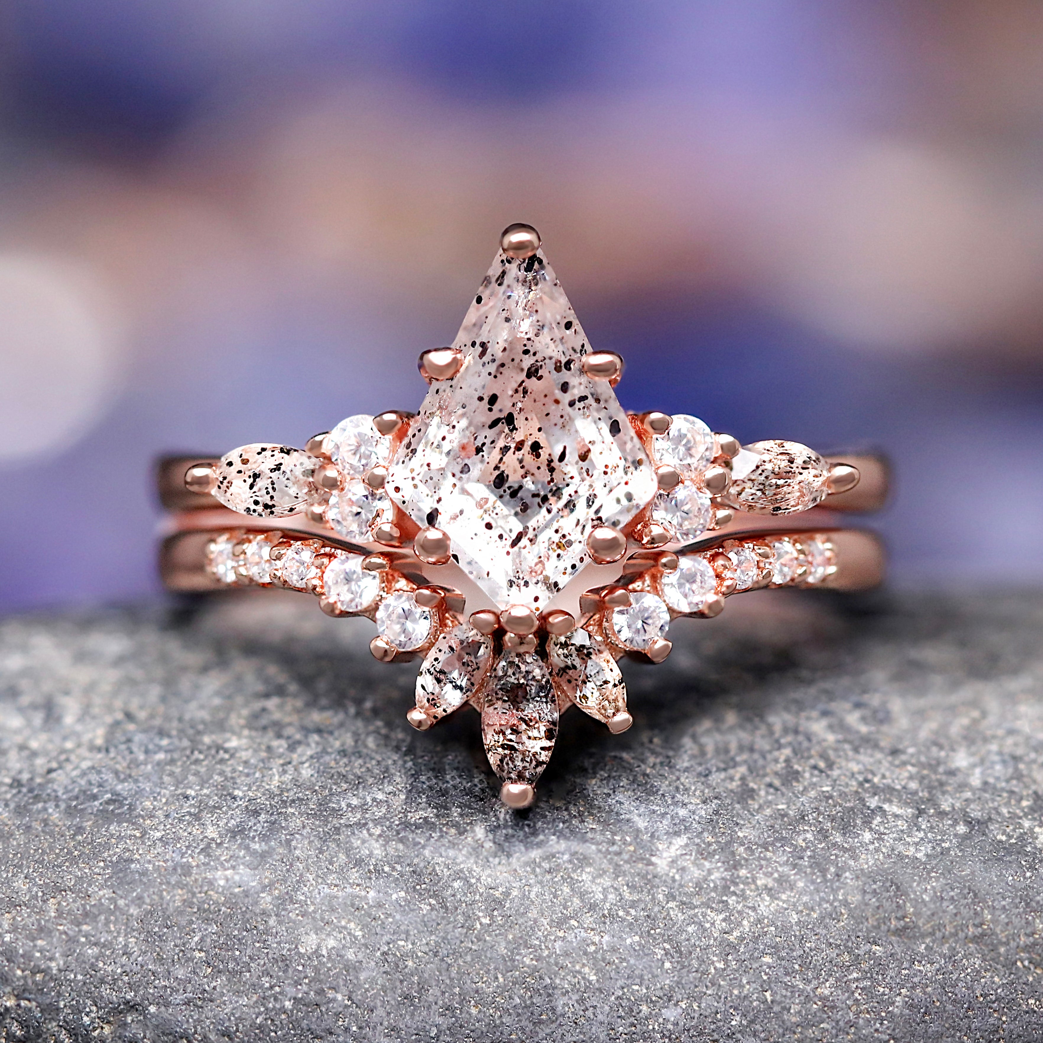 Meteorite & Herkimer Diamond Ring Set, His and Her Rose Gold Engagement Rings, Tungsten Band, 925 Silver, Salt and Pepper Ring Set