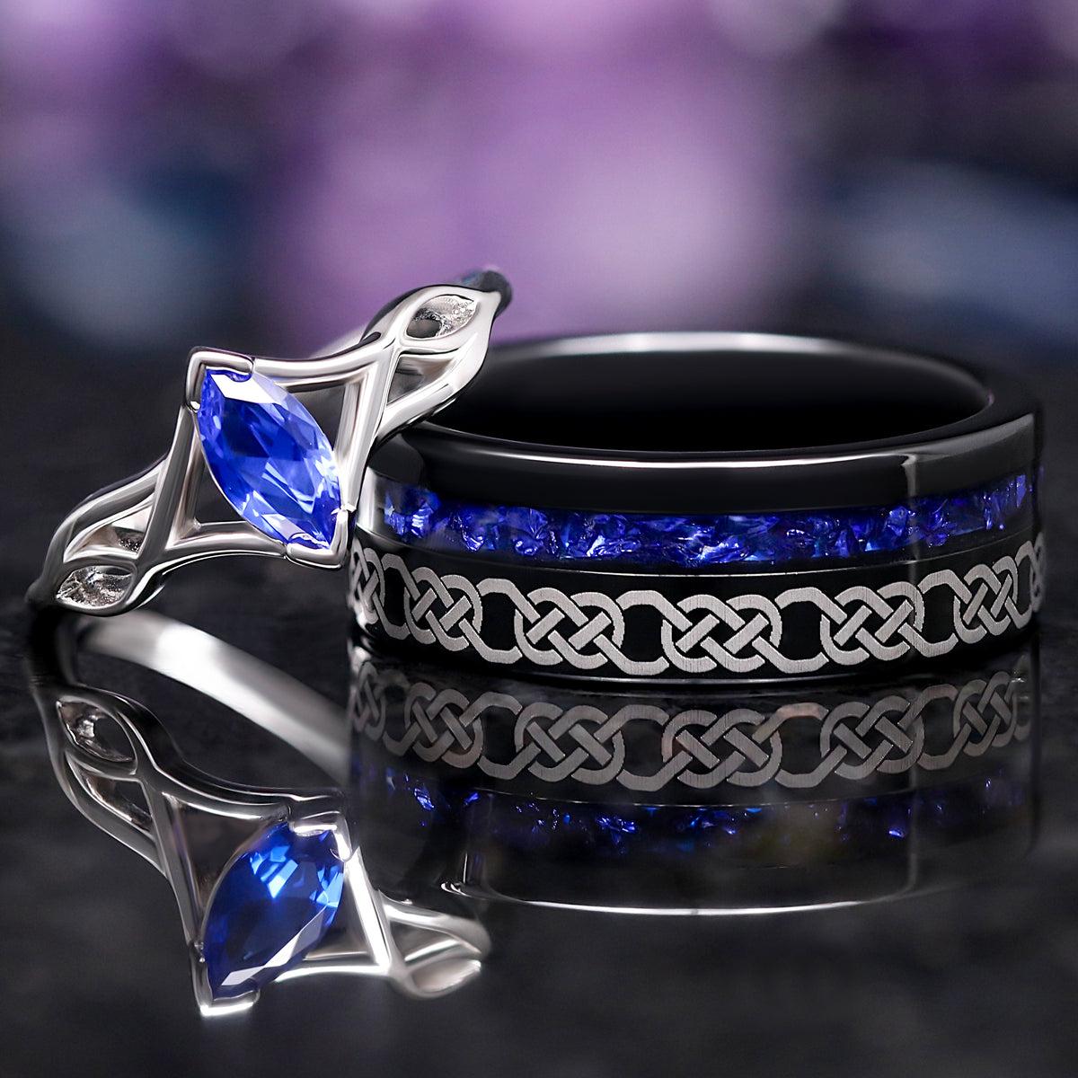 Matching Celtic knot couples ring set with blue sapphire, 8mm black tungsten and 1.7mm sterling silver