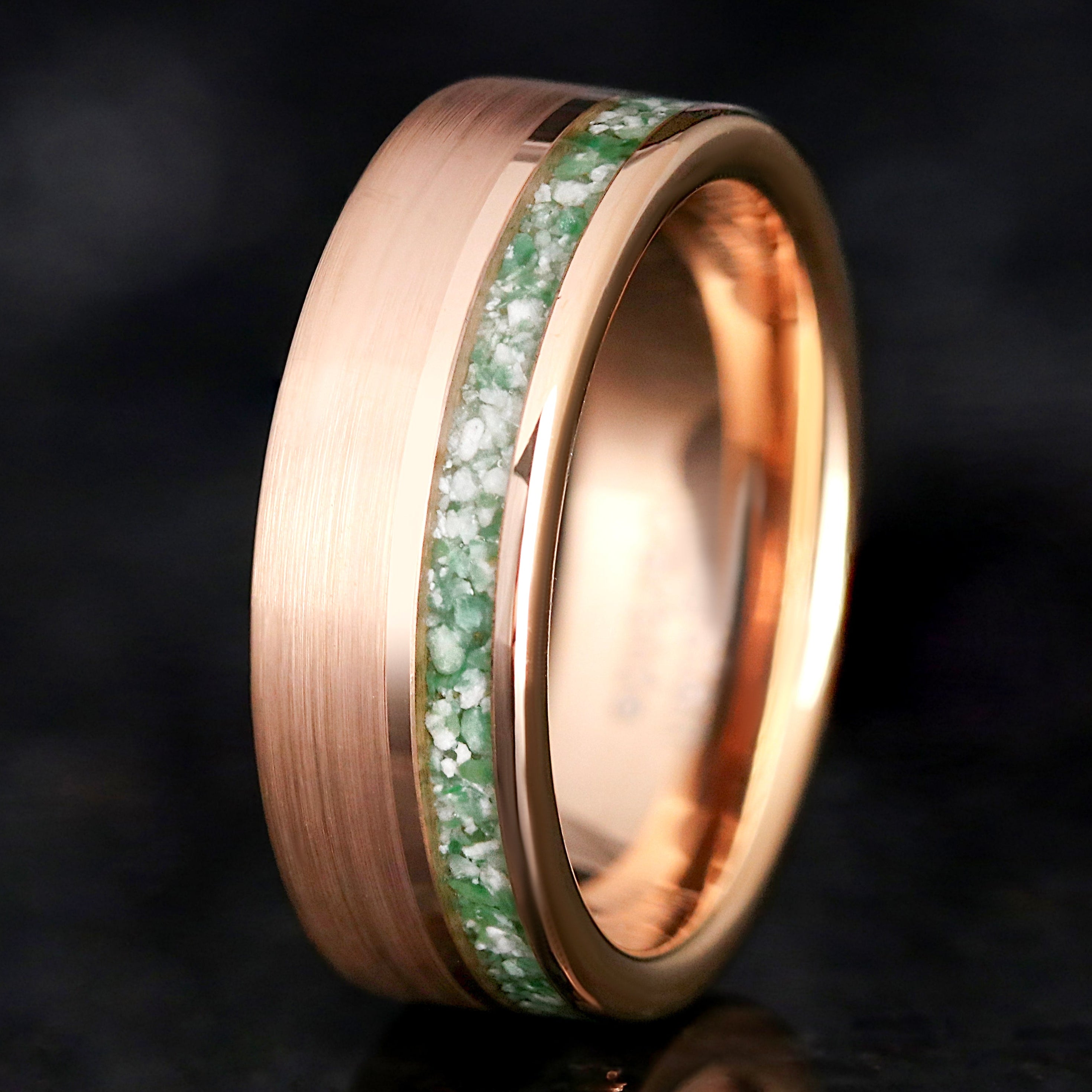 Moss Agate Mens Ring | Rose Gold Tungsten Wedding Band