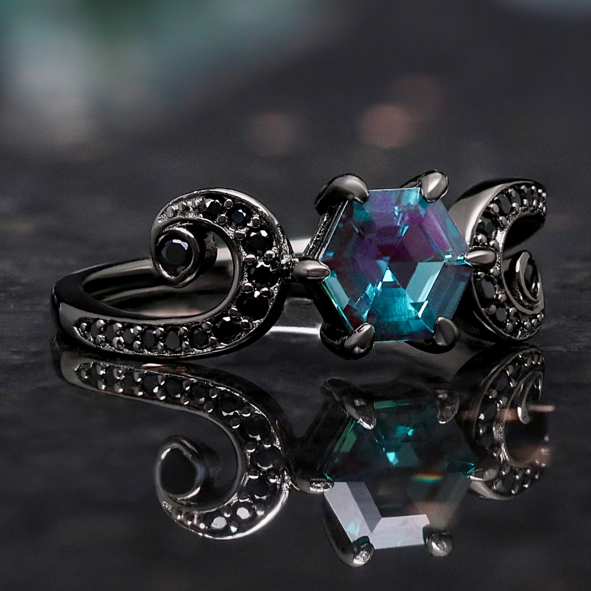 Gothic Alexandrite Engagement Ring | Hexagon Twirl Setting