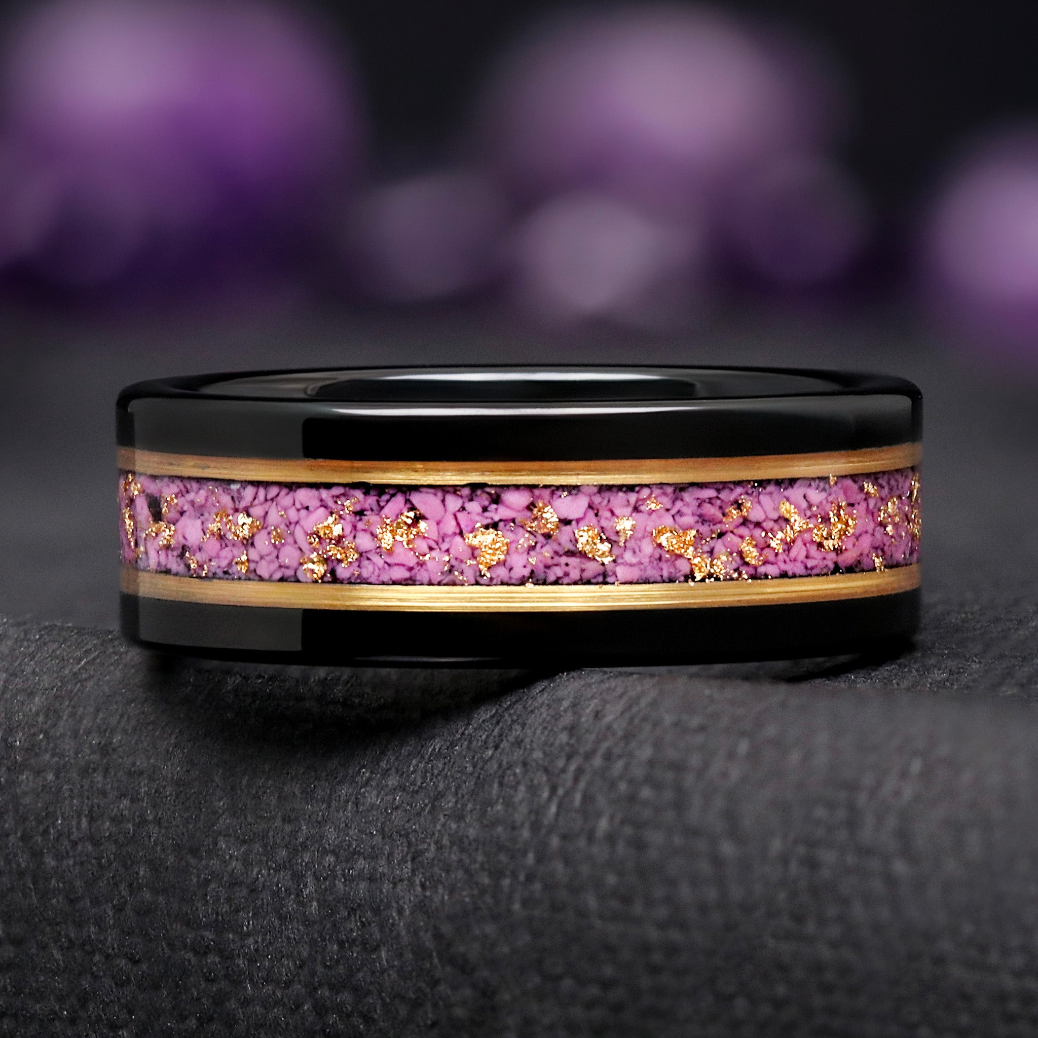 Mens Purple Turquoise Engagement Band | Black Tungsten Gold Inlay