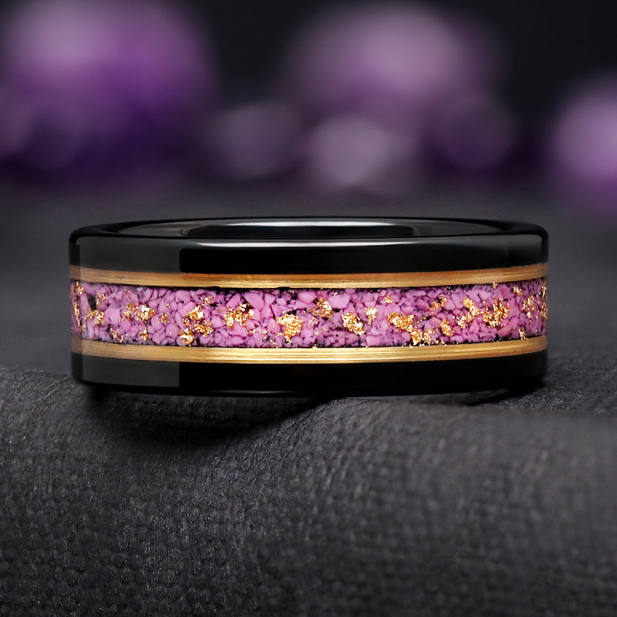 Mens Purple Turquoise Engagement Band | Black Tungsten Gold Inlay