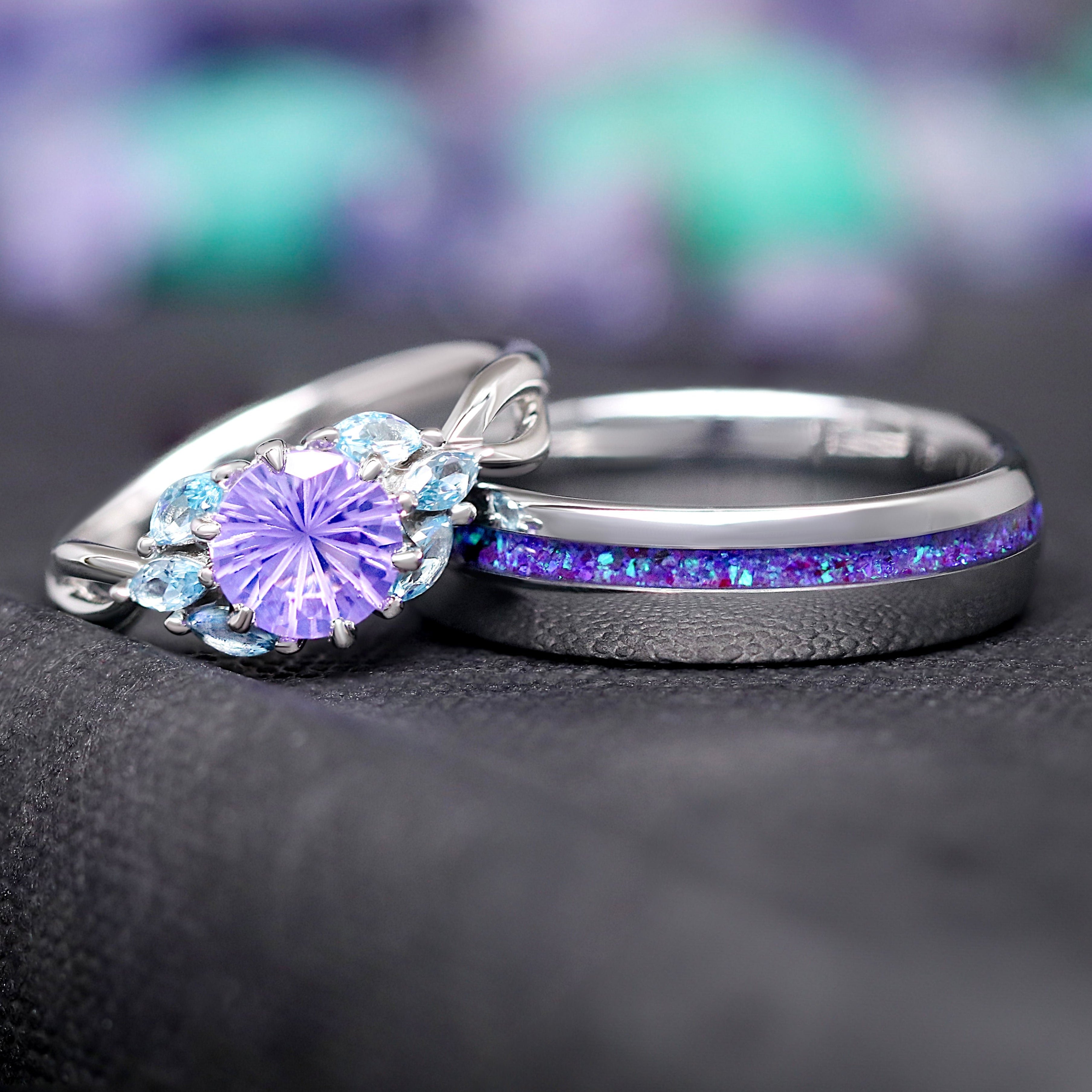 Borealis Couples Ring Set – Matching Wedding Bands, Nesta His & Hers Rings, Amethyst, Aquamarine, Northern Lights, Aurora Promise Ring Set