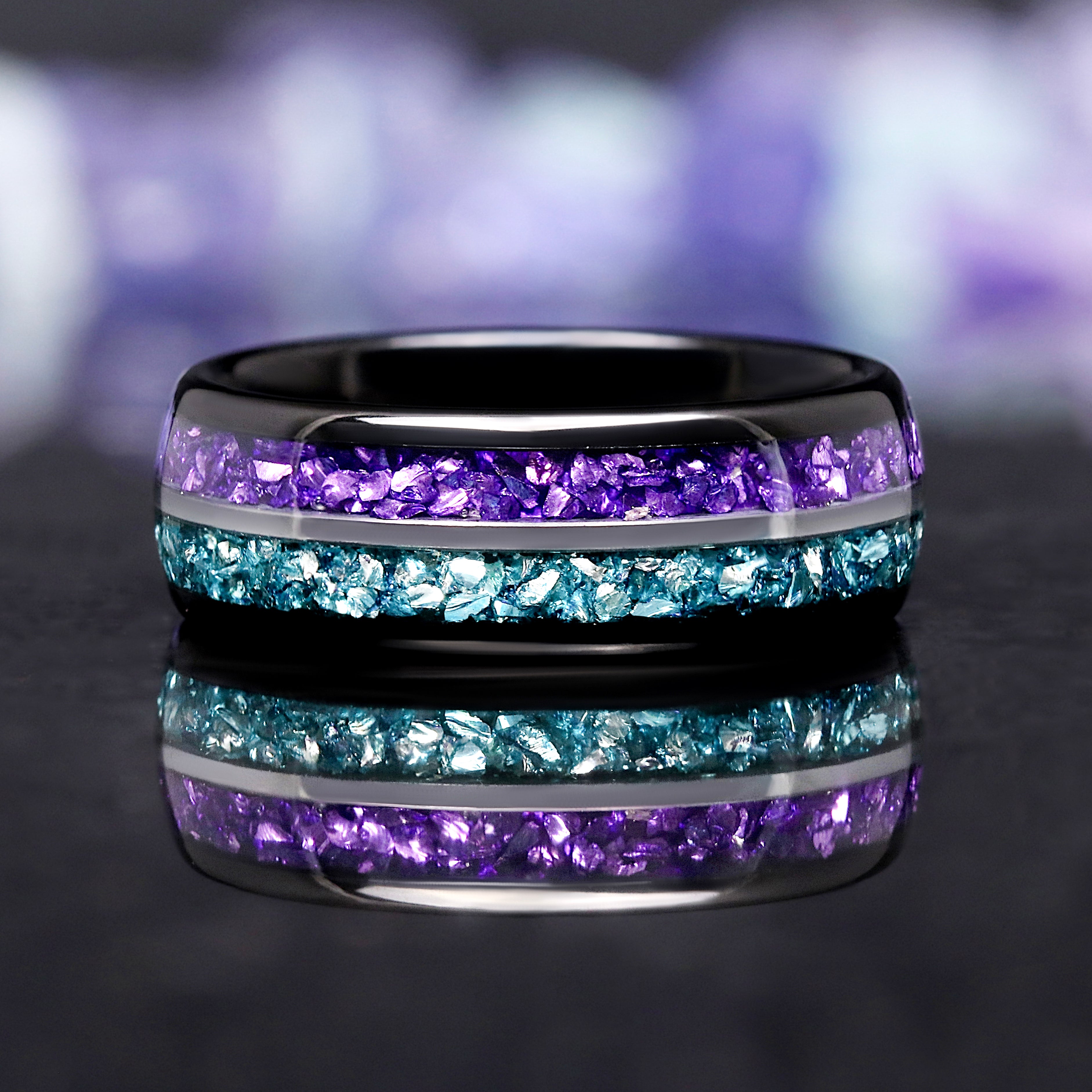 Amethyst & Aquamarine Mens Ring, Black Tungsten Wedding Band, Northern Lights Ring, Two-Tone Black and Silver, Unique Celestial Promise Ring