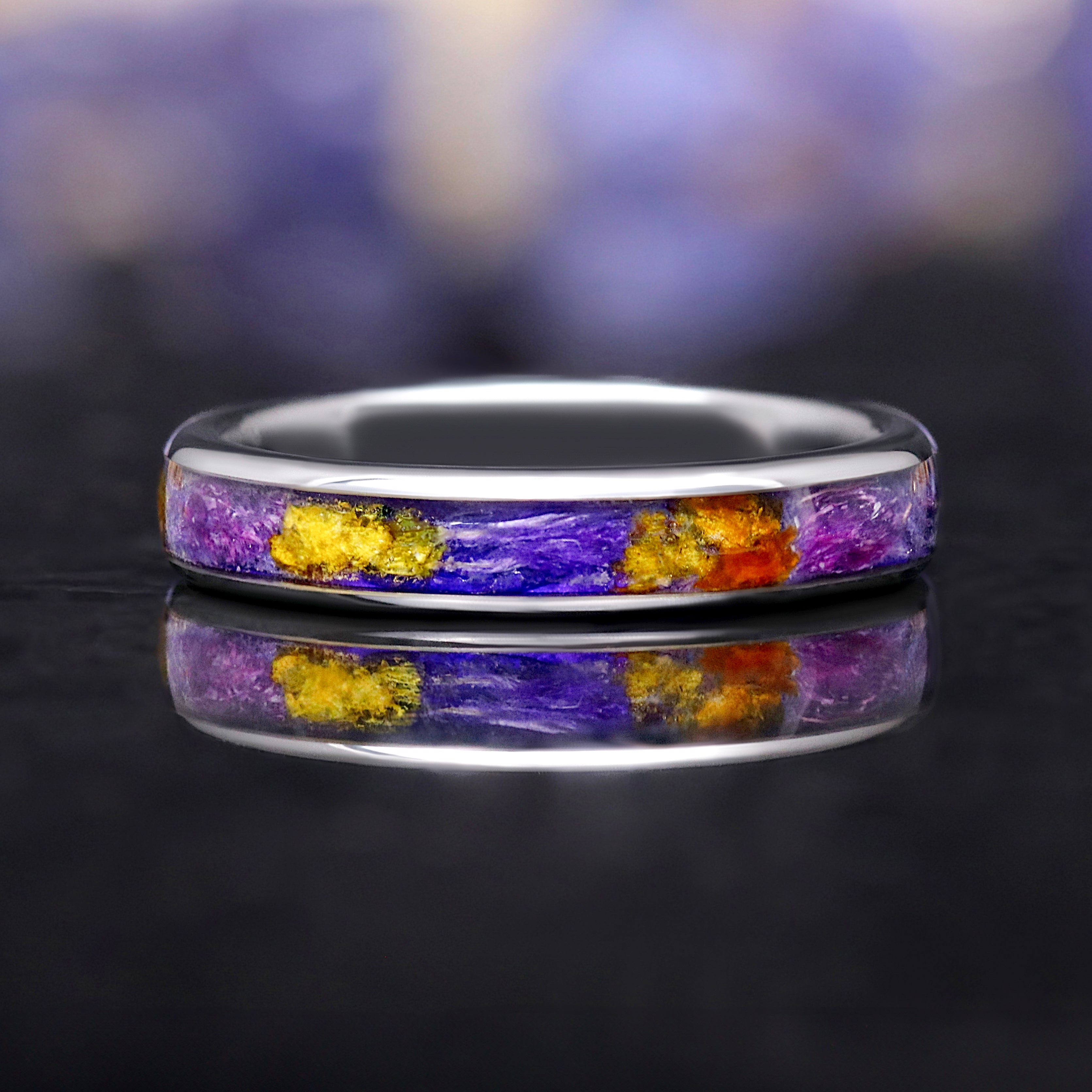 Forget-Me-Not Flower Ring, Silver Tungsten Wedding Band, 4mm 6mm Band, Comfort Fit, Polished Dome, Unique Men’s Women’s Ring, Crushed Flower
