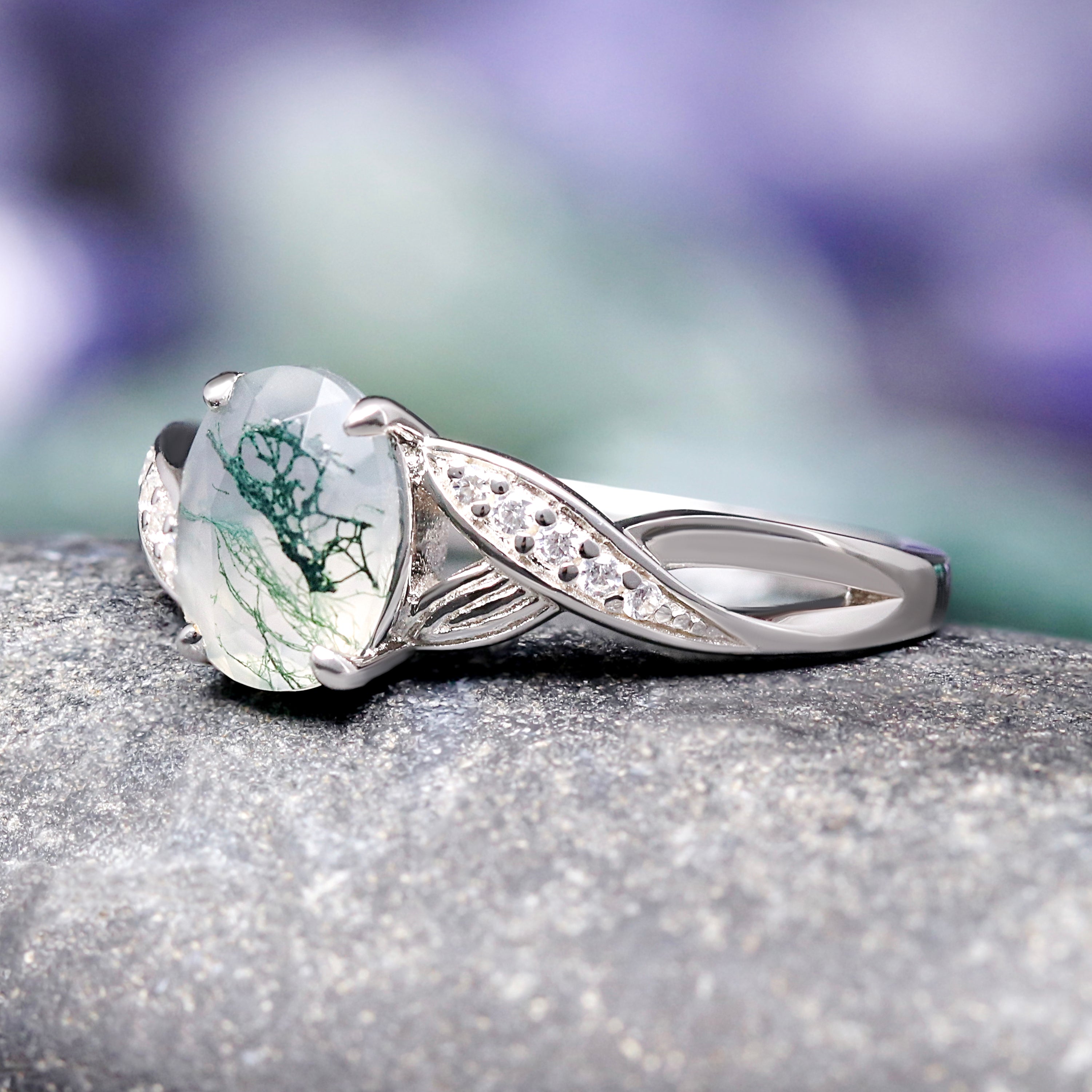 Lotus Green Moss Agate Engagement Ring Set for Women