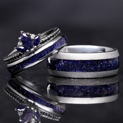Lotus Starry Night his and her wedding band set