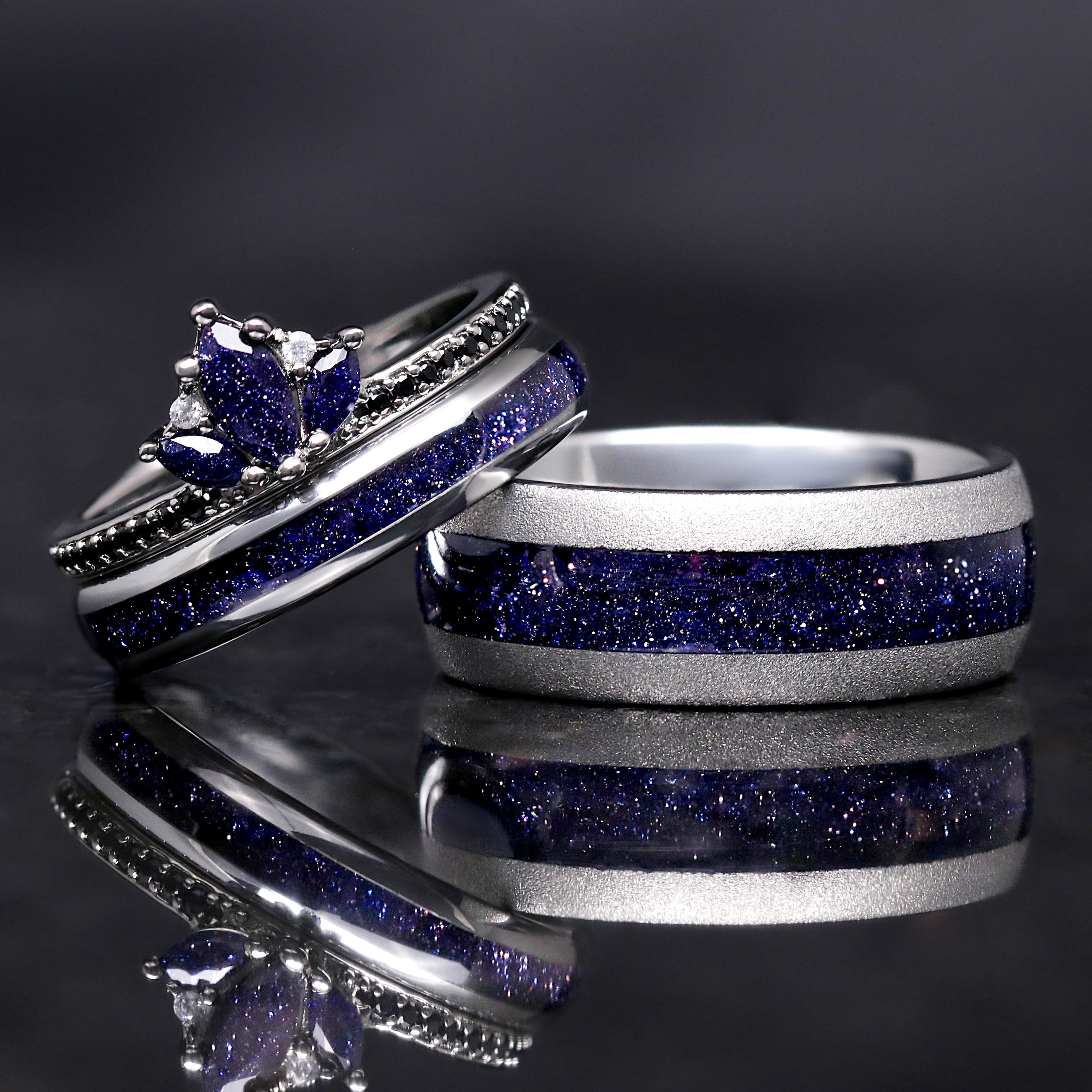 Lotus Starry Night Ring Set, His and Her Wedding Band Set, Tungsten Space Rings, 8mm & 4mm Polish Dome, Rift Sandstone, Matching Couple Ring