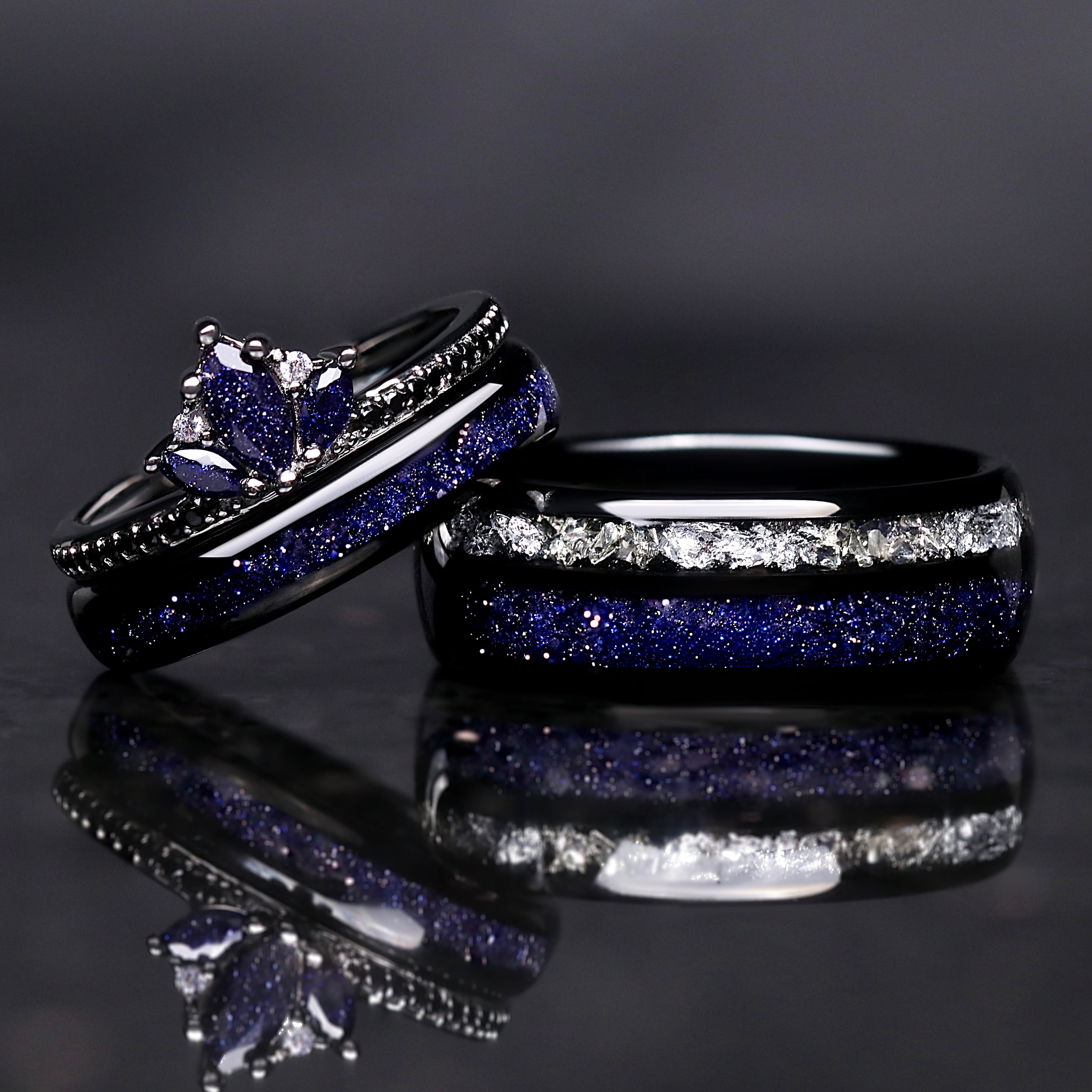 Lotus Starry Night Couples Ring Set | His and Her Sandstone Wedding Bands