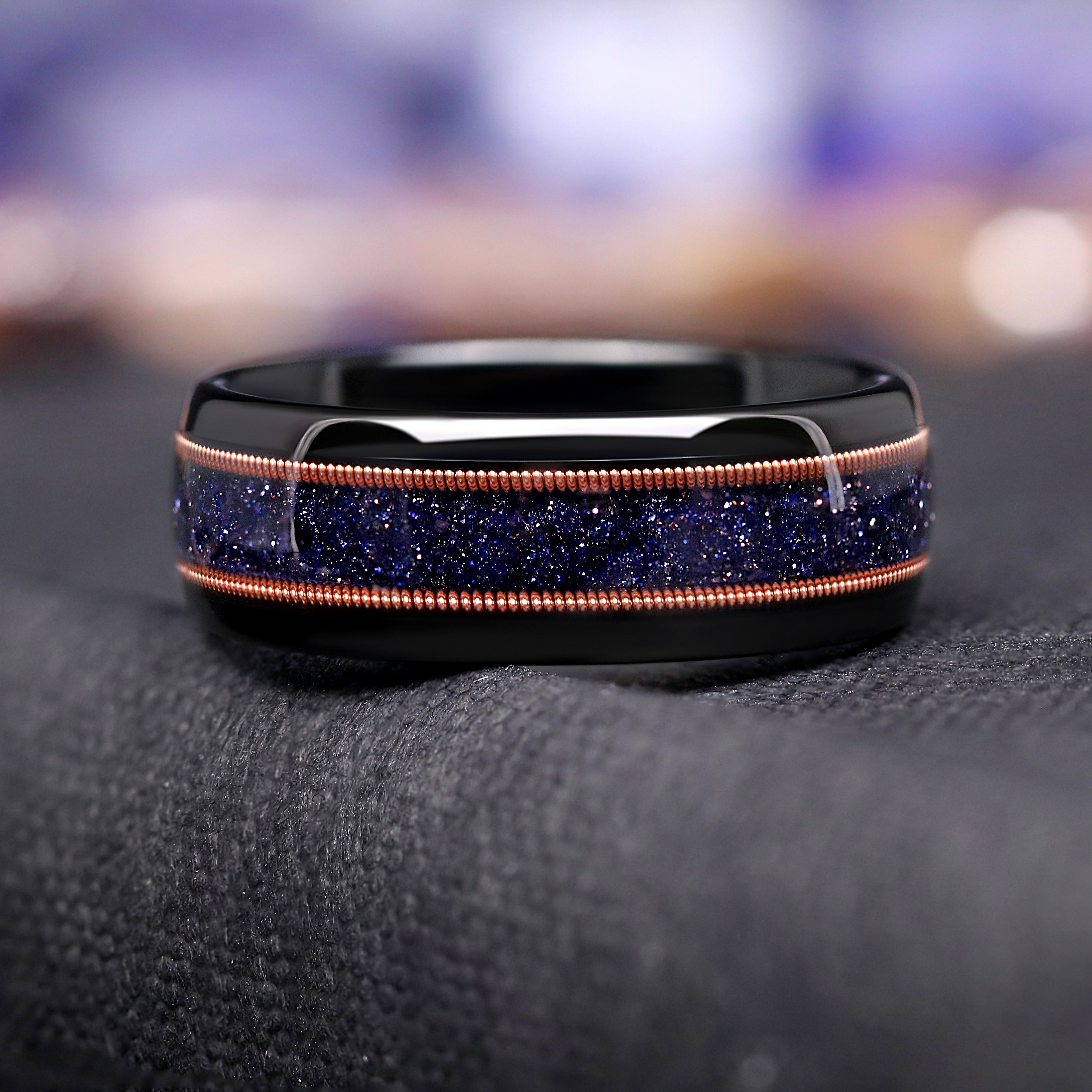 Starry Night Rose Gold Tungsten Band for Men, Great Rift Nebula Ring, Black and Rose Gold Space Wedding Band, Sandstone Guitar String Ring