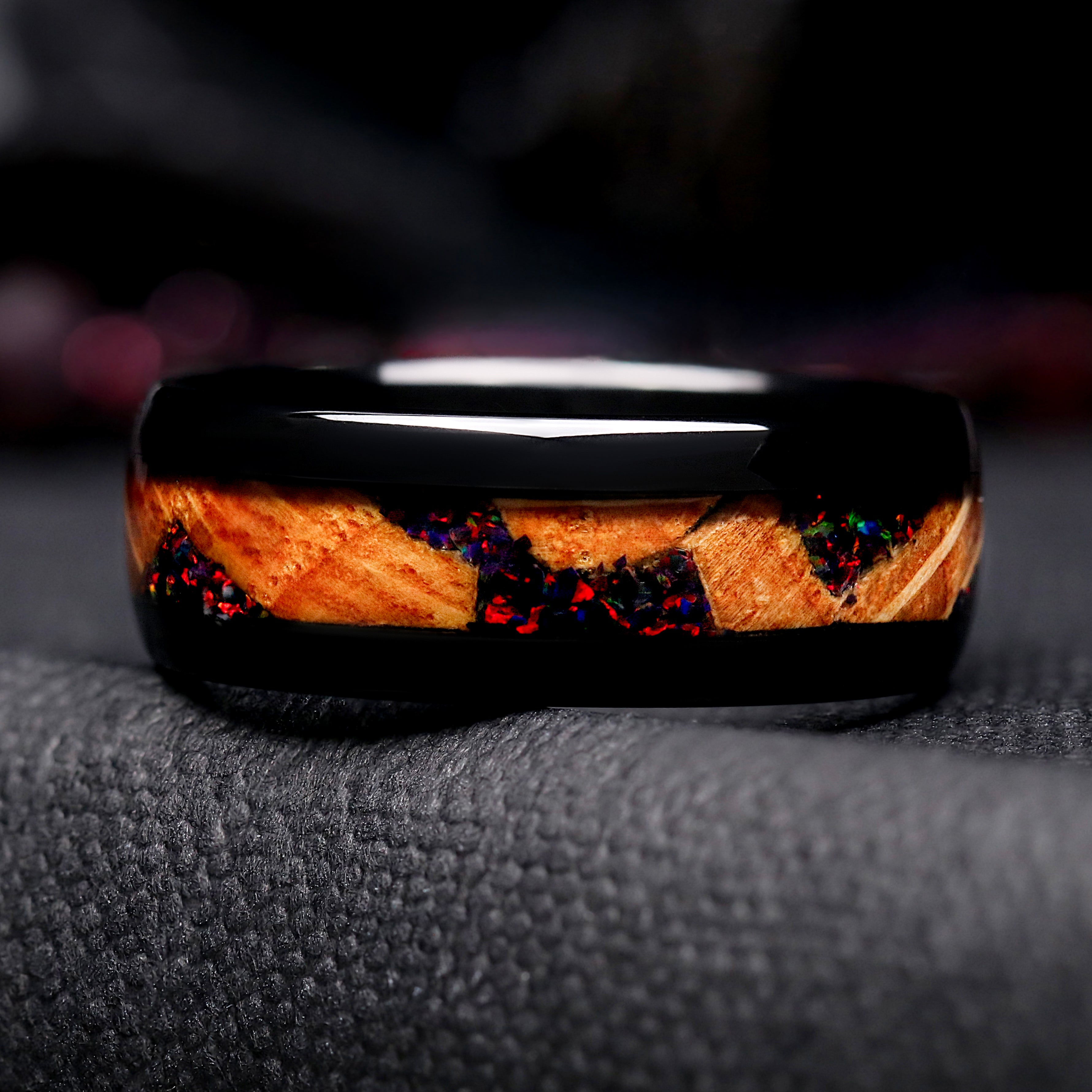 Black Fire Opal & Whiskey Barrel Mens Wedding Band | Black Tungsten Ring