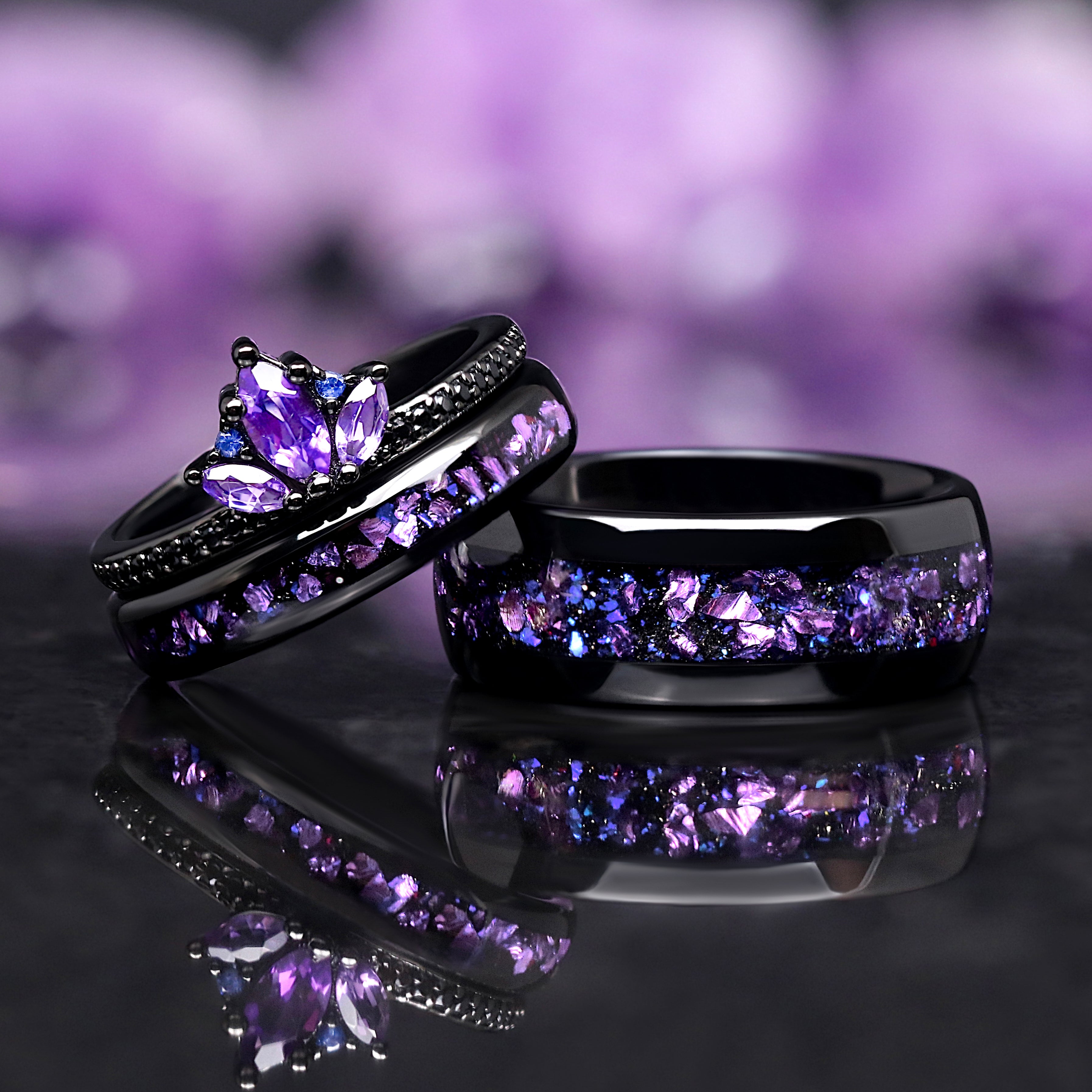 Natural Amethyst Lotus Engagement Ring Set, Unique Fantasy Wedding Ring | Matching Purple Ring for Couple, Black Crab Nebula Stacking Band