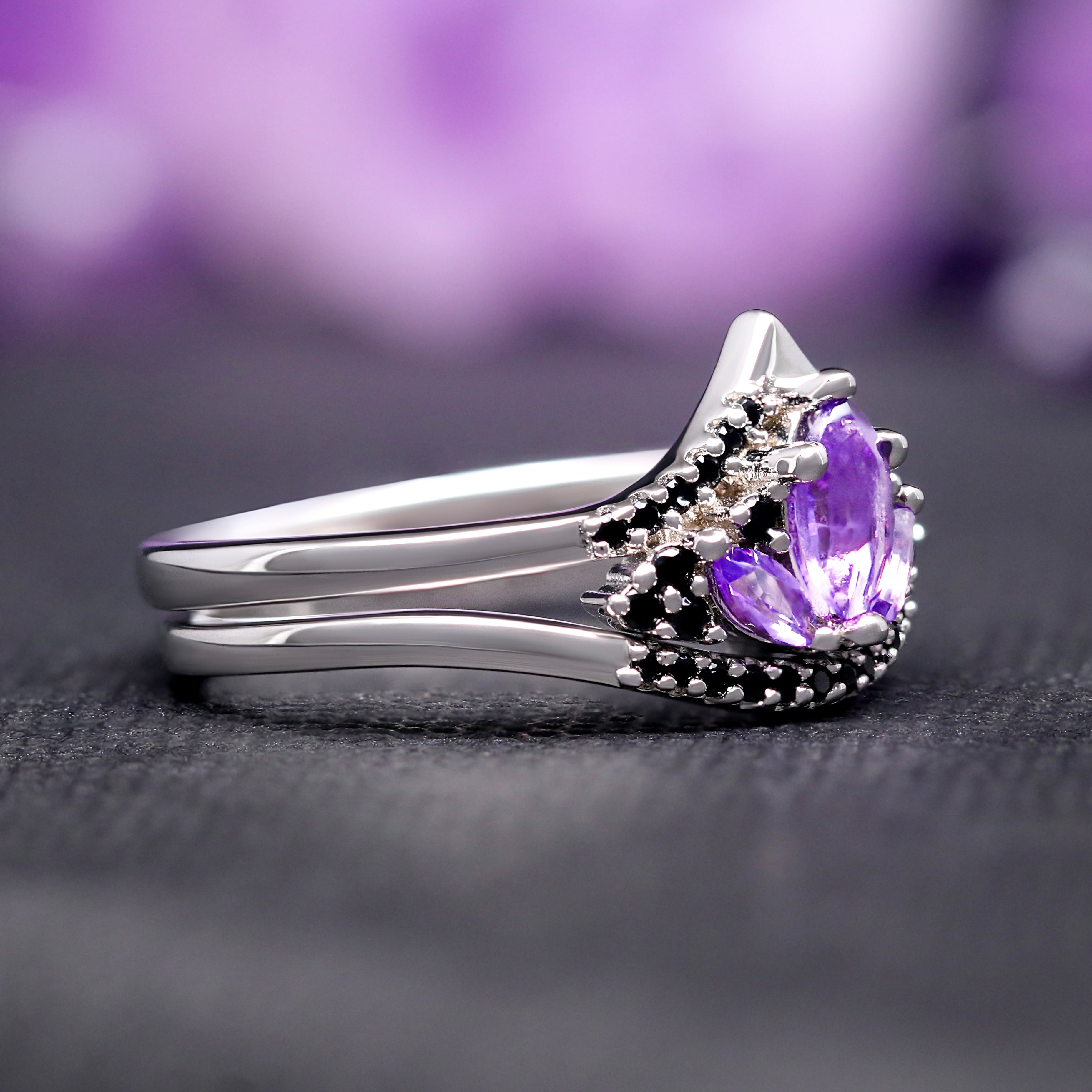 Natural Amethyst Engagement Ring, Womens Wedding Ring, Bridal Set, Anniversary Gift for Her, Cosmic Jewelry Promise Ring, Mystic Lotus