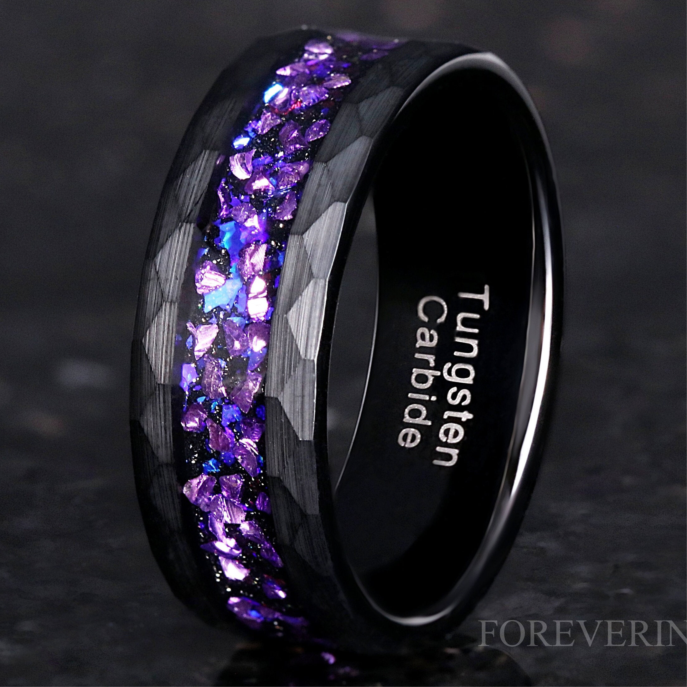 Crab Nebula Hammer Ring, Man Alexandrite Band, Outer Space Ring, 8mm Man Wedding Band, Purple Nebula Ring, Black Tungsten Ring, Ring Engrave