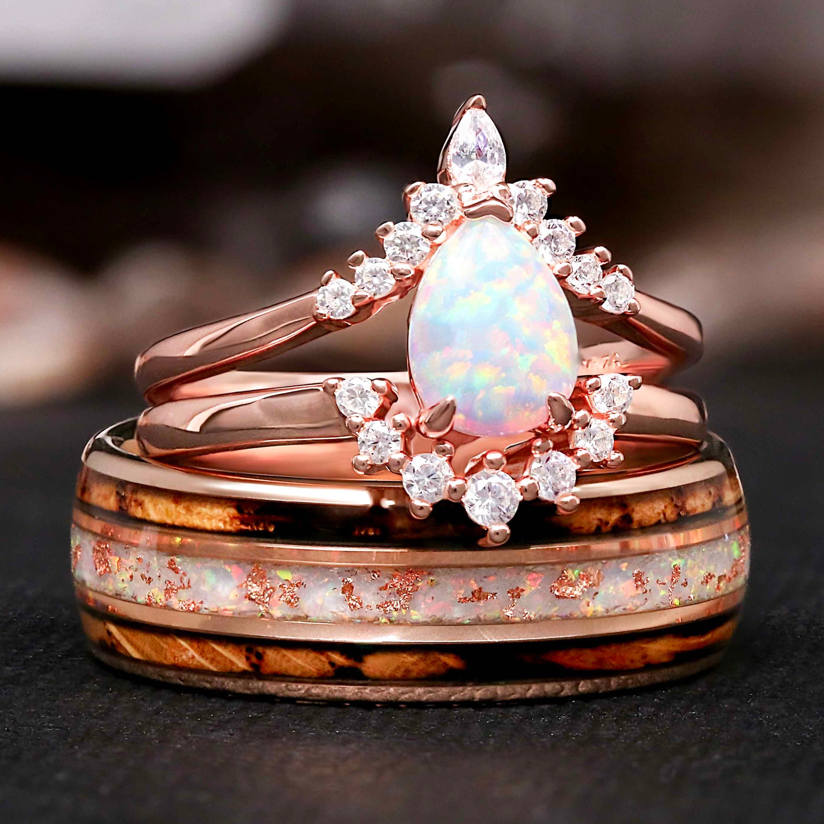 His & Hers White Fire Opal Ring Set for Couples - Rose Gold Opal Engagement Ring Set and Tungsten Whiskey Barrel Band