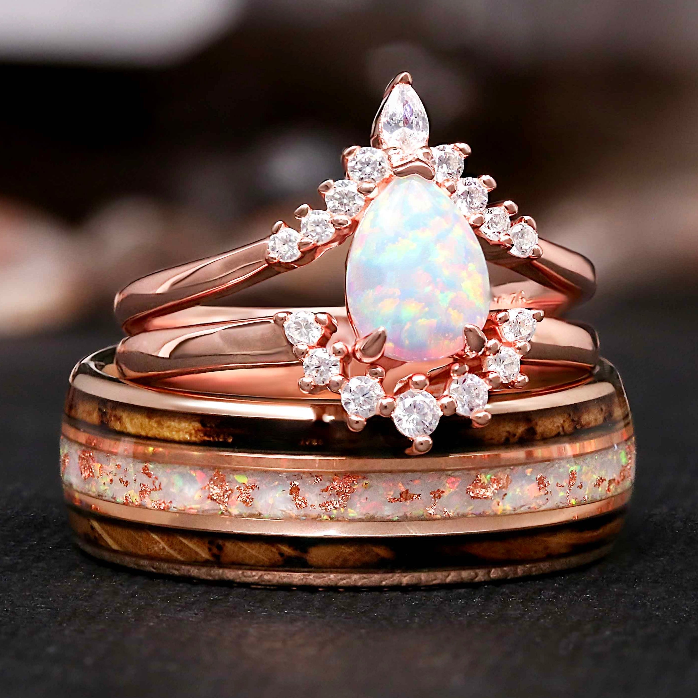 His & Hers White Fire Opal Ring Set for Couples - Rose Gold Opal Engagement Ring Set and Tungsten Whiskey Barrel Band
