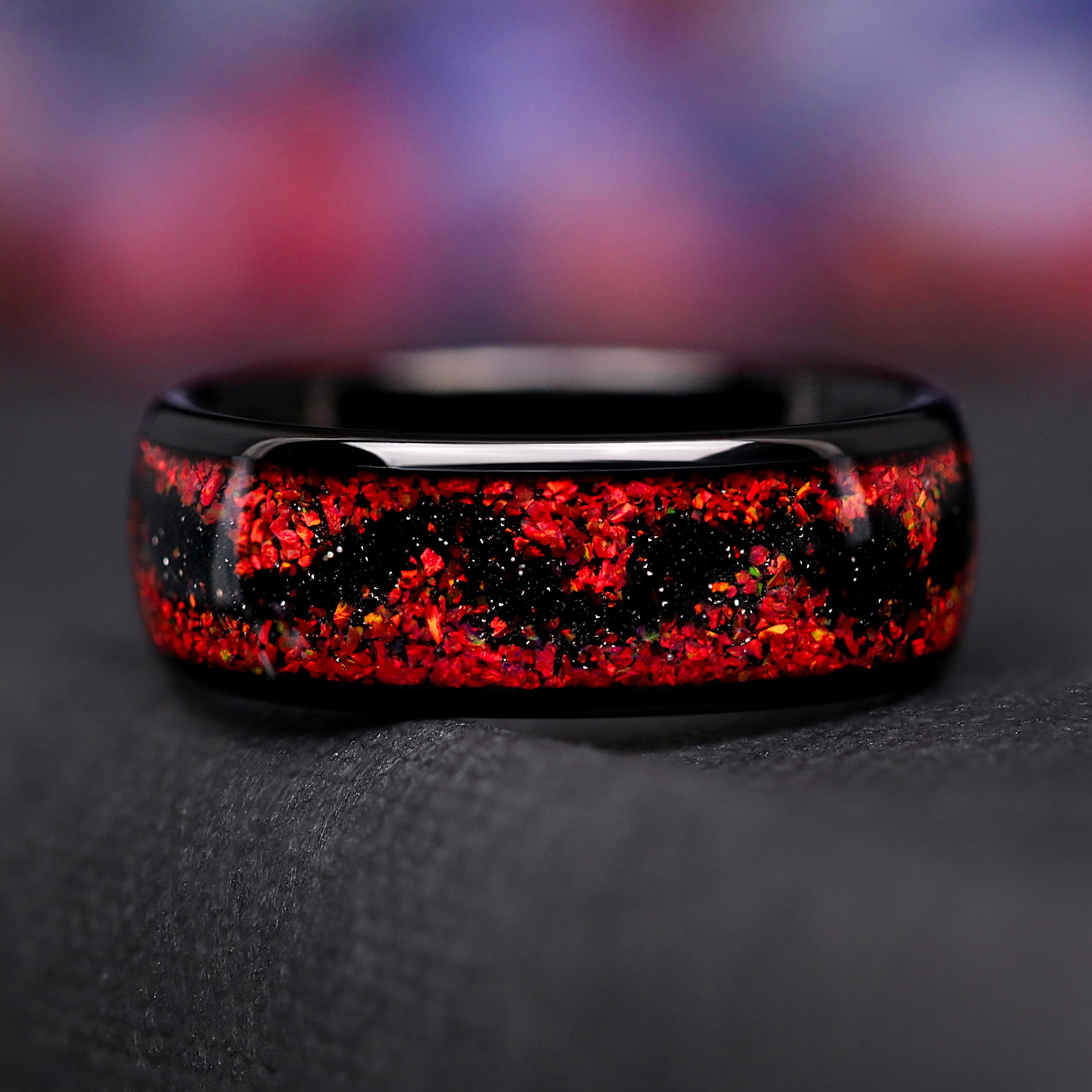 Lava Red Opal Ring, 8mm Black Tungsten Band, Men’s Wedding Ring, Crushed Fire Opal, Polished Dome, Unique Promise Ring